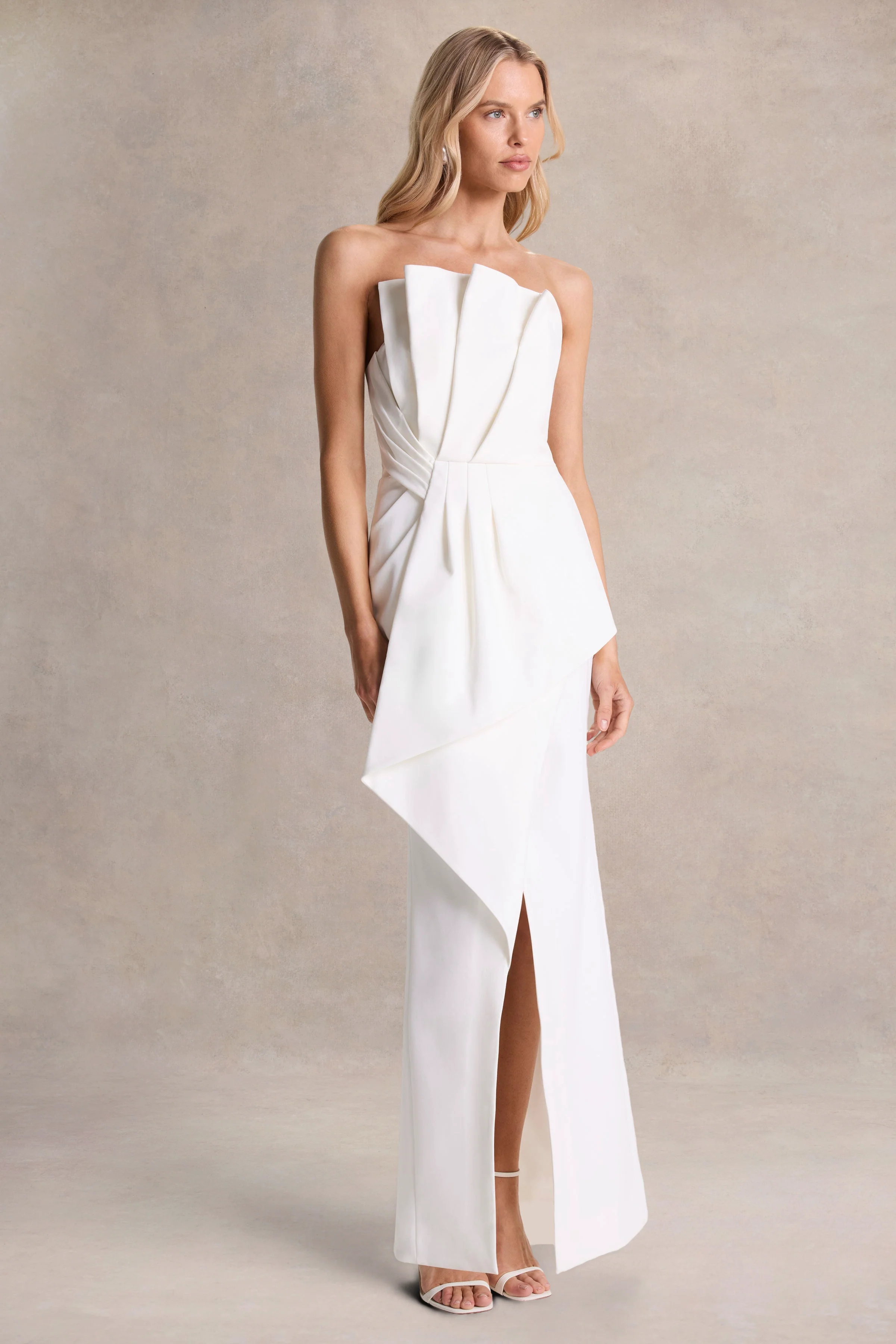 Dreamy Whispers | Cream Strapless Ruffle Split Maxi Dress - Image 5