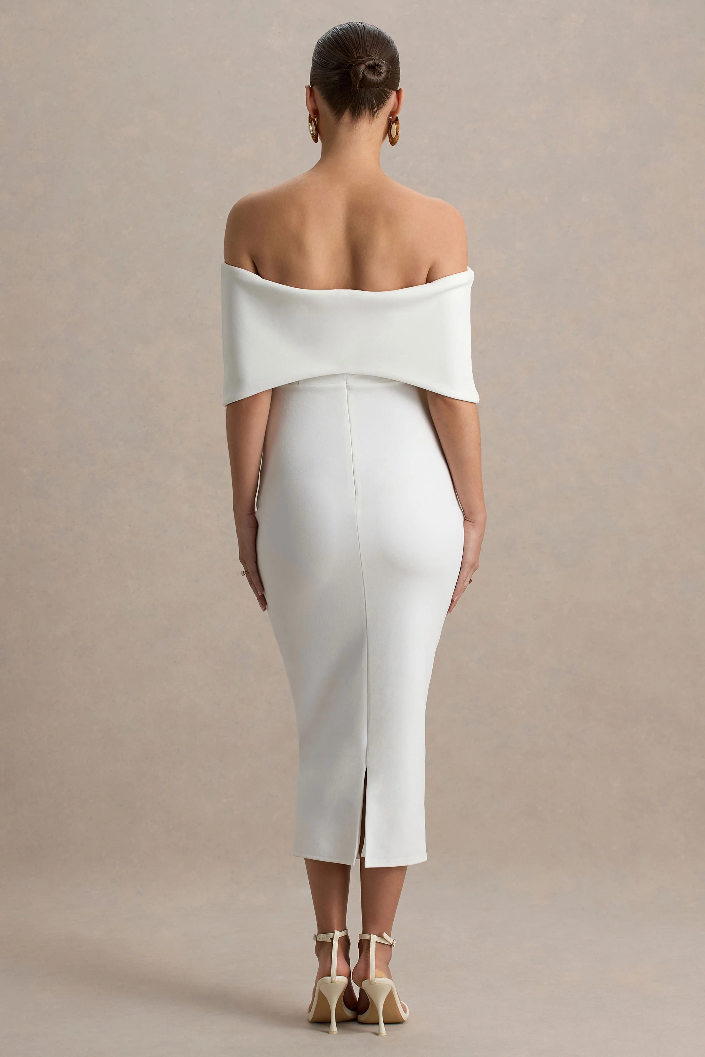 Droplet | White Bow Bardot Maternity Midi Dress - Image 2