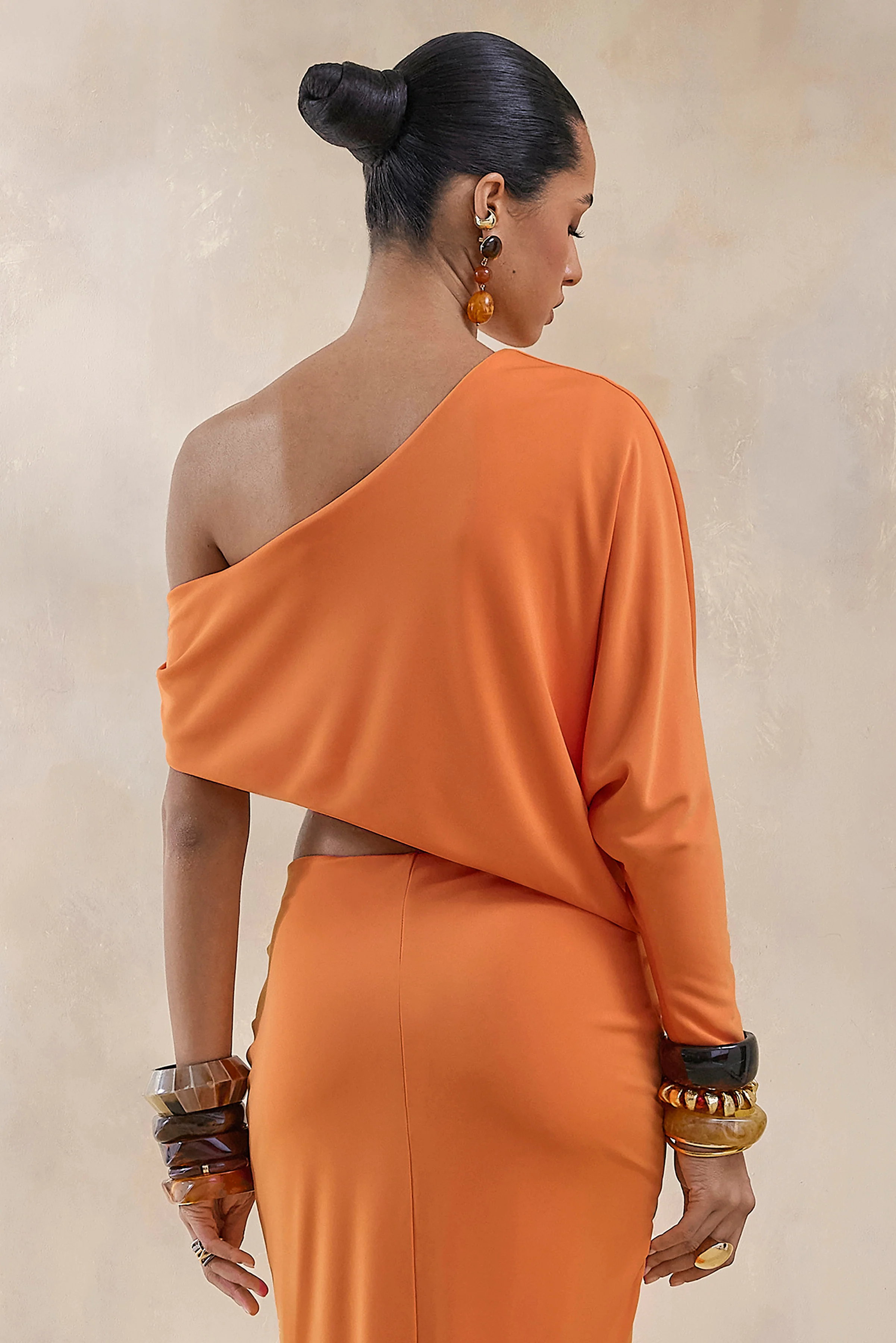 Dua | Orange Asymmetric One-Sleeve Draped Top - Image 2