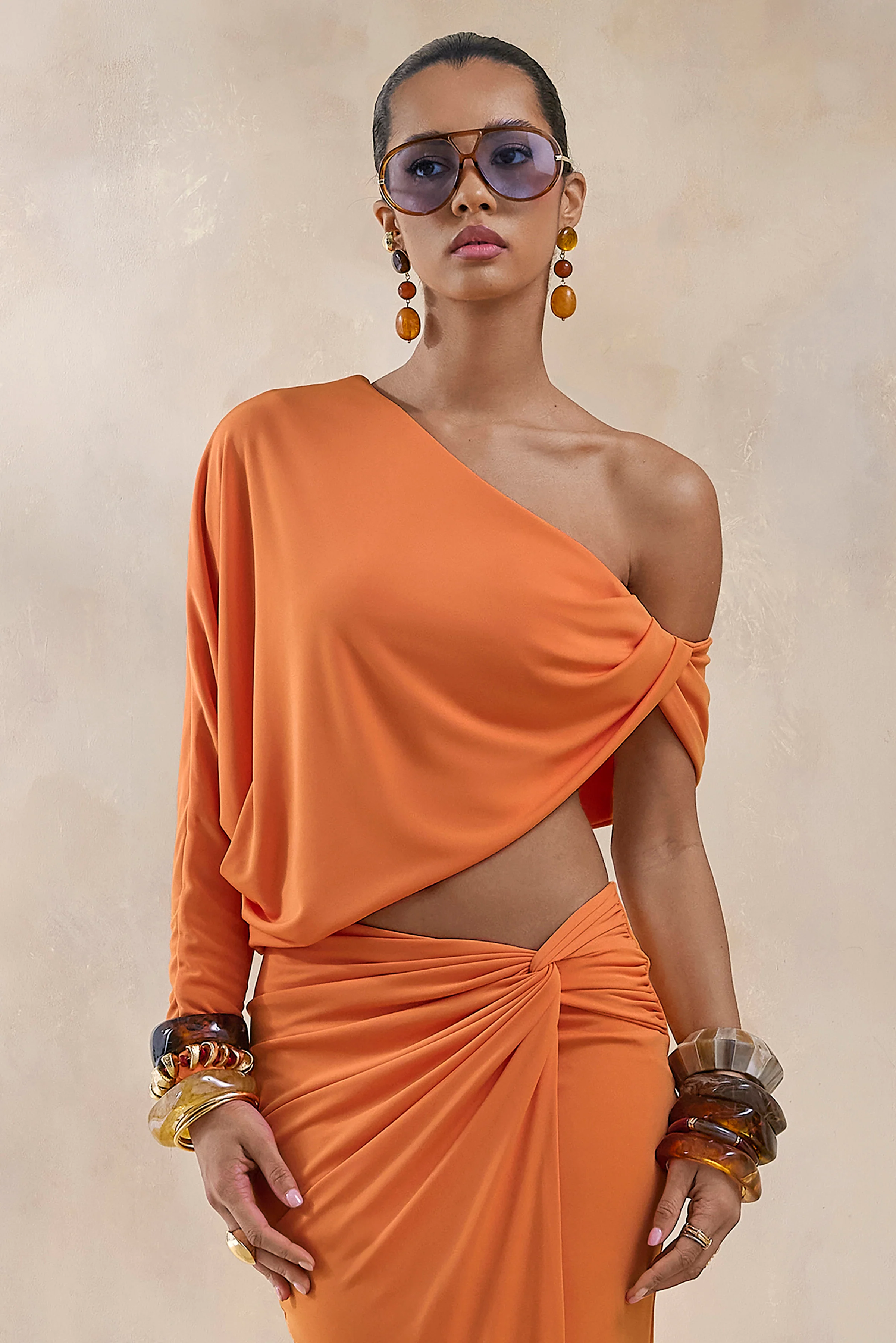 Dua | Orange Asymmetric One-Sleeve Draped Top - Image 5