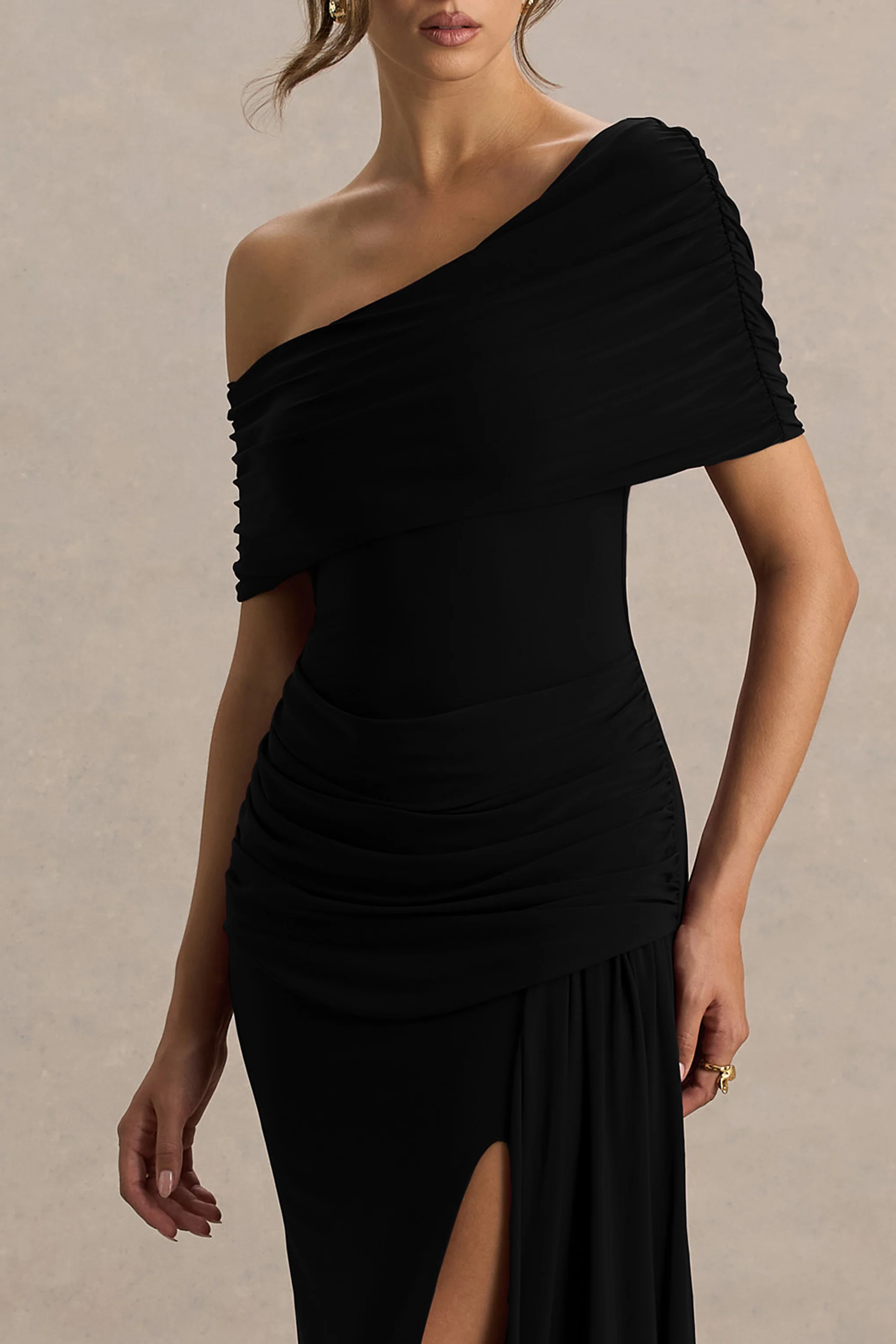Dynasty | Black Asymmetric-Neck Maxi Dress With Ruched Detailing And Front High-Split - Image 4