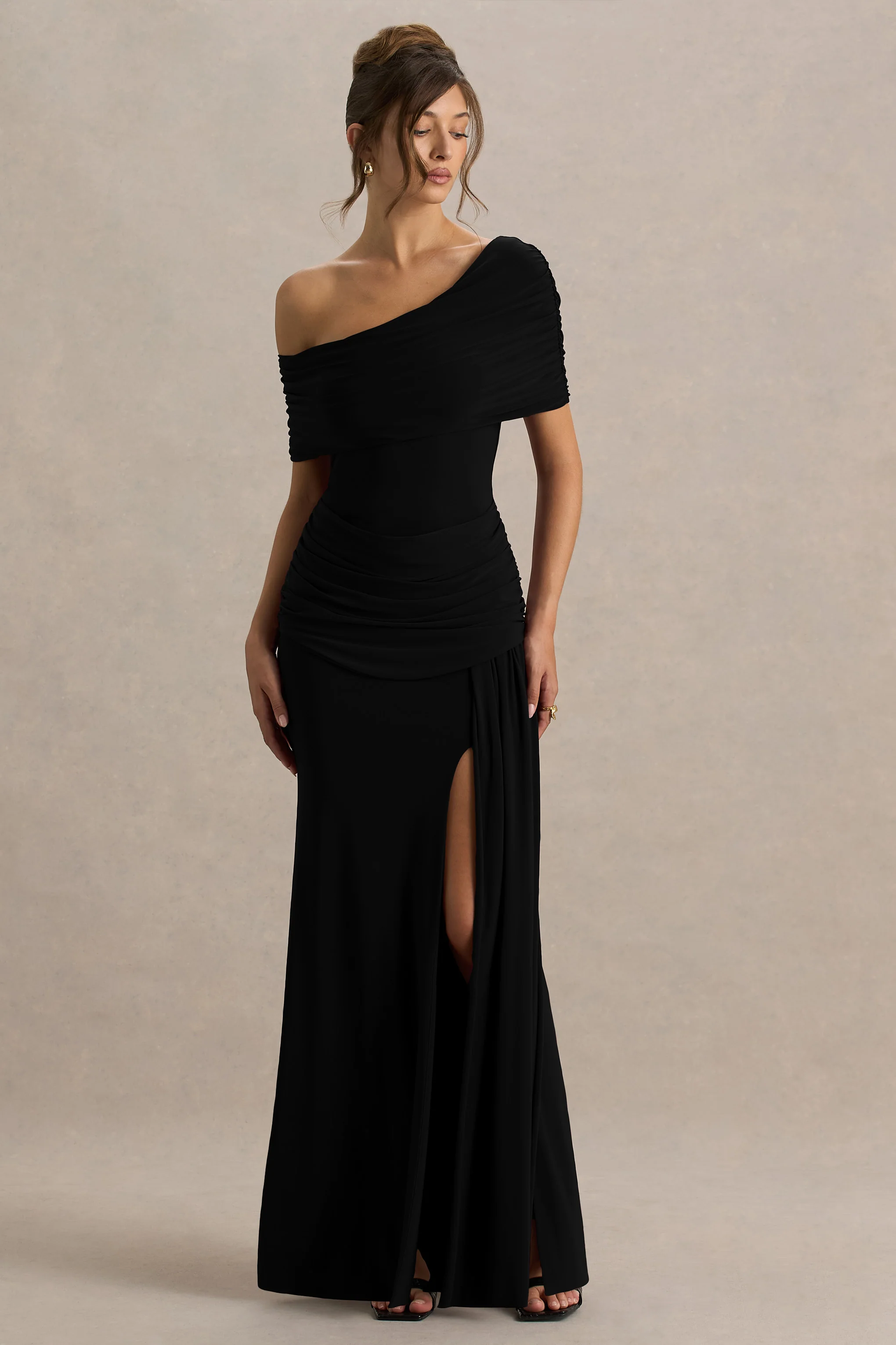 Dynasty | Black Asymmetric-Neck Maxi Dress With Ruched Detailing And Front High-Split - Image 5