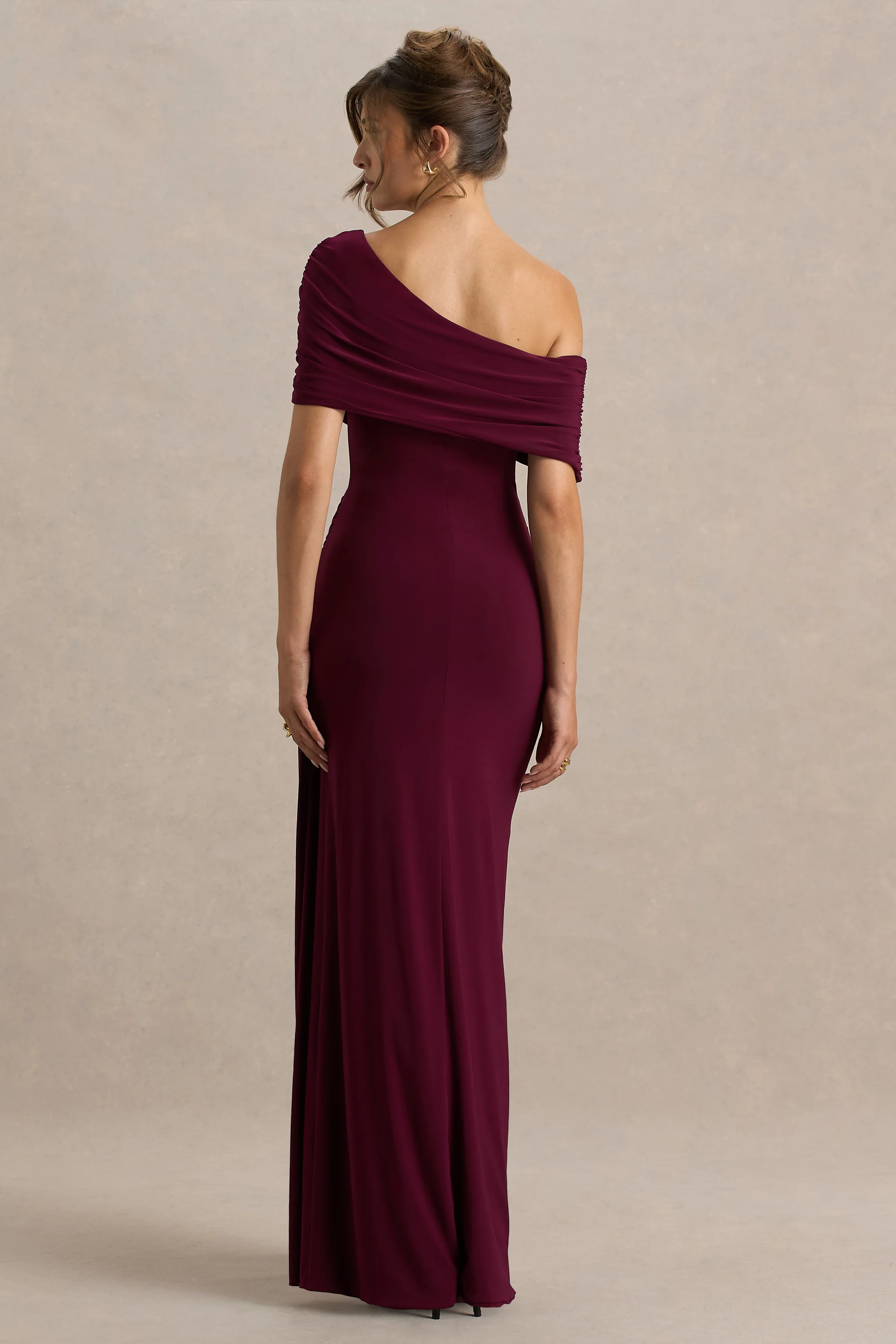 Dynasty | Burgundy Asymmetric-Neck Maxi Dress With Ruched Detailing And Front High-Split - Image 2
