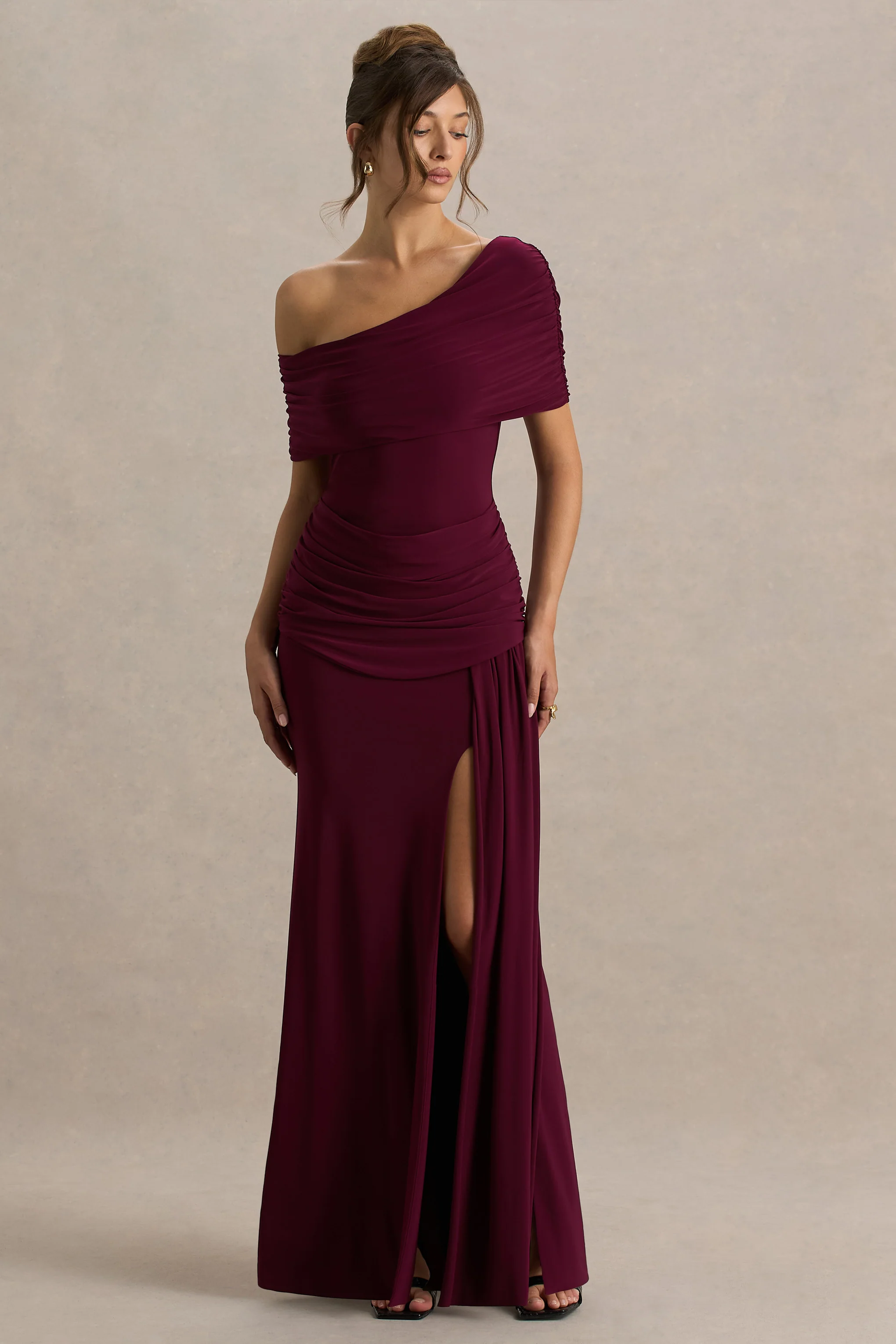 Dynasty | Burgundy Asymmetric-Neck Maxi Dress With Ruched Detailing And Front High-Split - Image 3