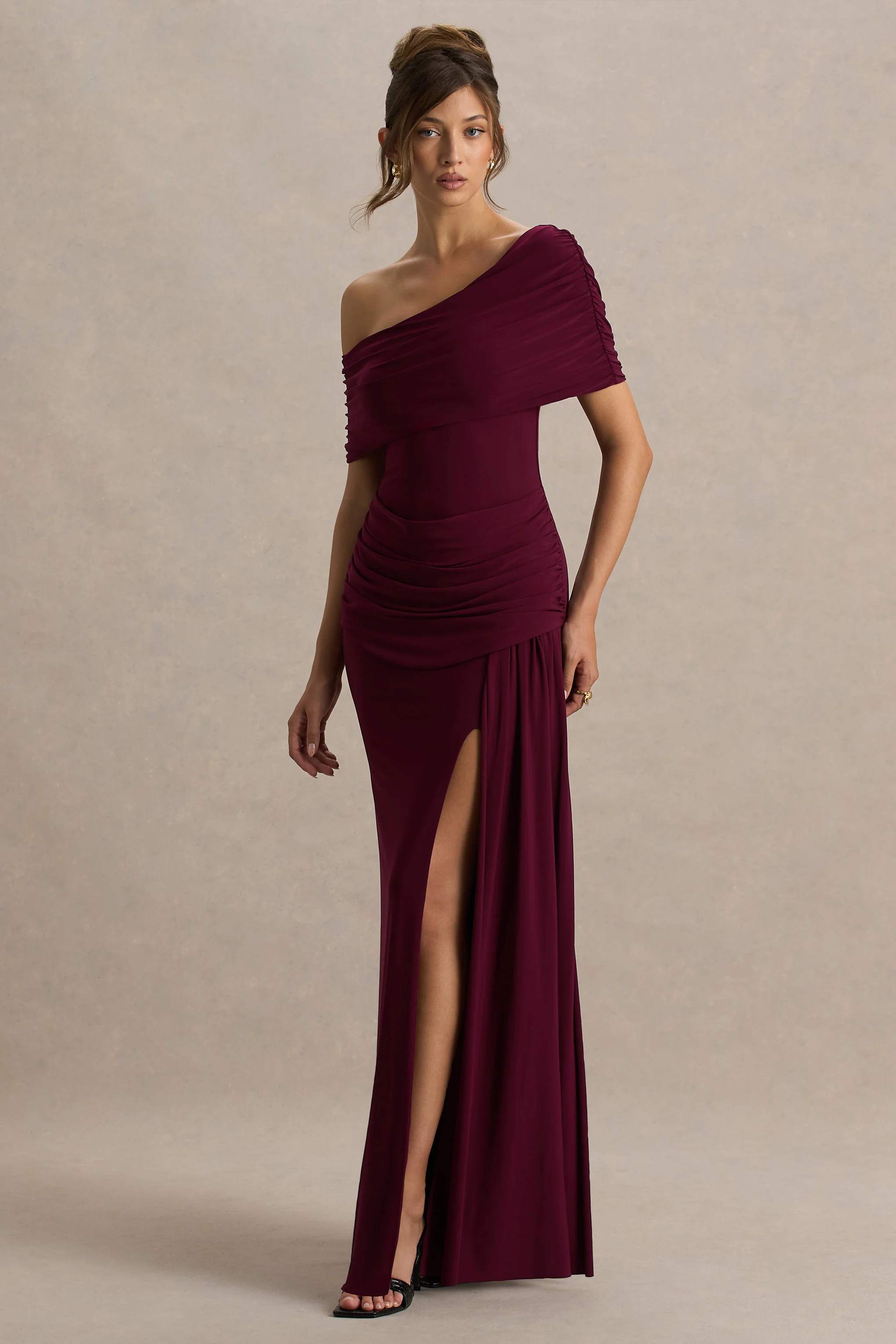 Dynasty | Burgundy Asymmetric-Neck Maxi Dress With Ruched Detailing And Front High-Split - Image 4