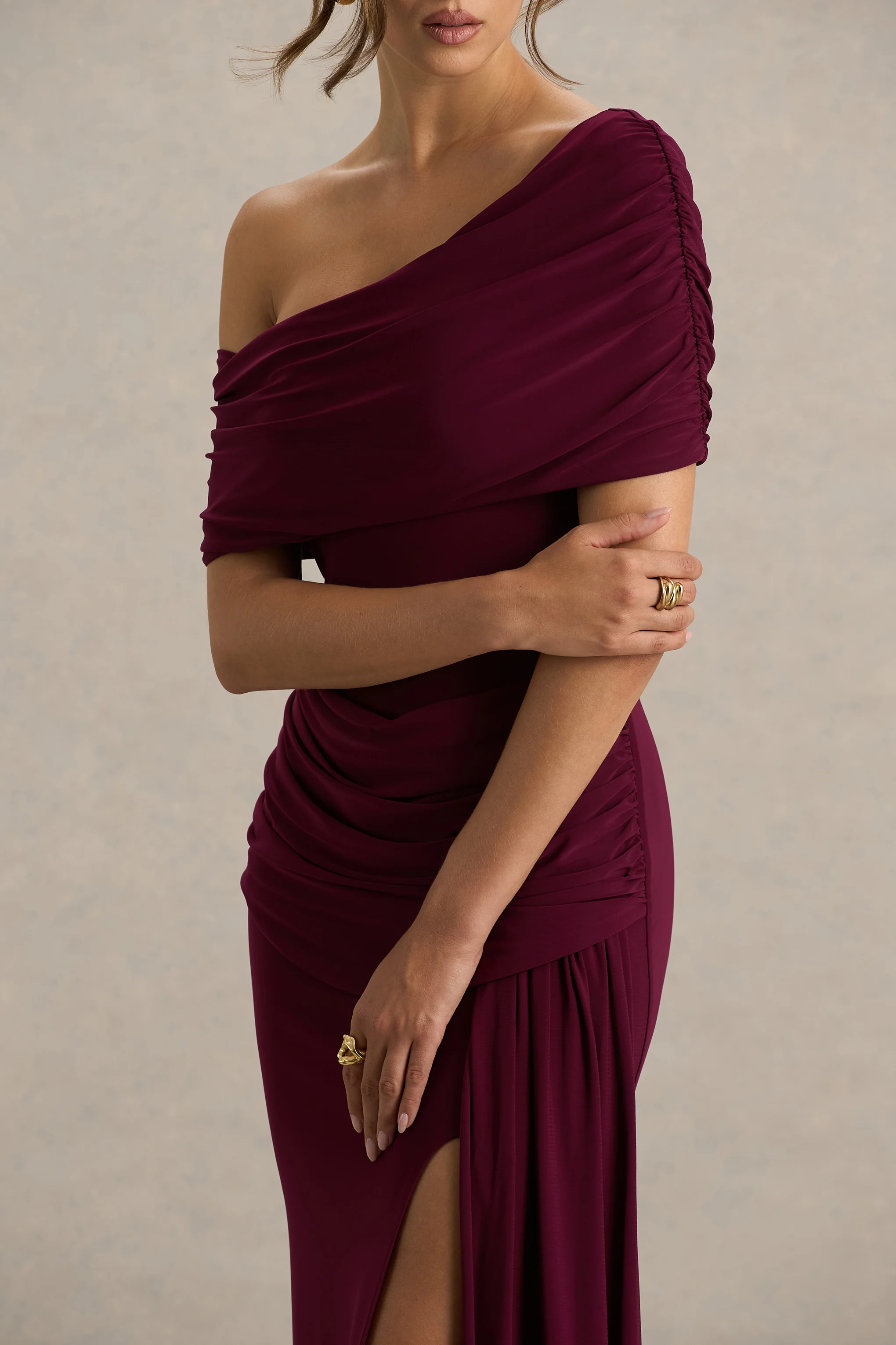 Dynasty | Burgundy Asymmetric-Neck Maxi Dress With Ruched Detailing And Front High-Split - Image 5