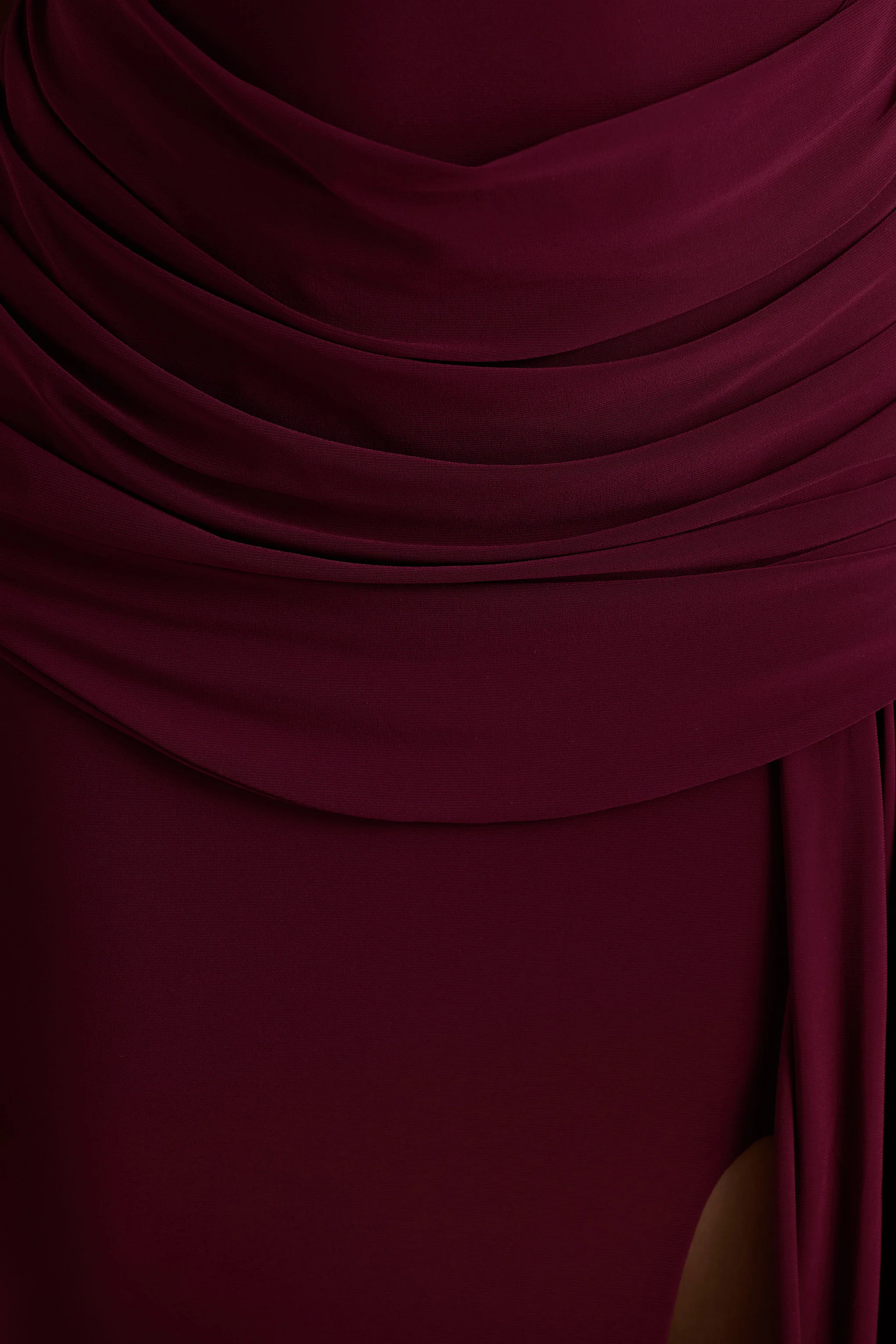 Dynasty | Burgundy Asymmetric-Neck Maxi Dress With Ruched Detailing And Front High-Split - Image 6
