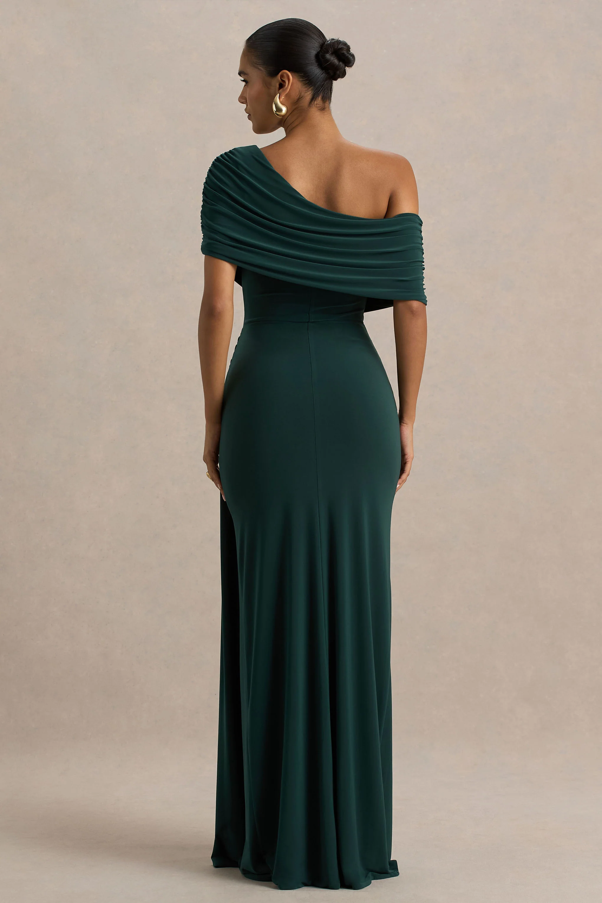 Dynasty | Dark Green Asymmetric-Neck Maxi Dress With Ruched Detailing And Front High-Split - Image 2