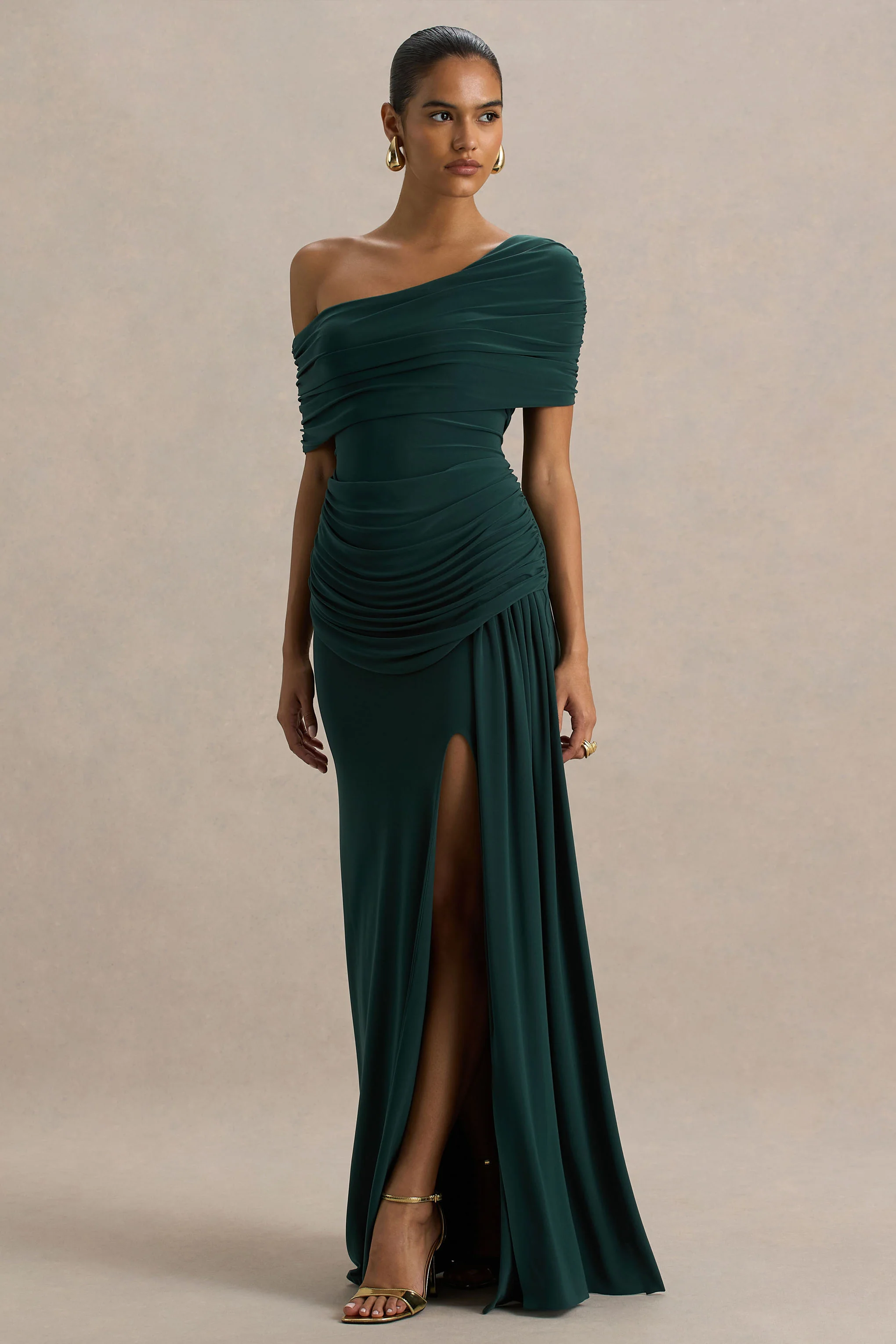 Dynasty | Dark Green Asymmetric-Neck Maxi Dress With Ruched Detailing And Front High-Split - Image 5