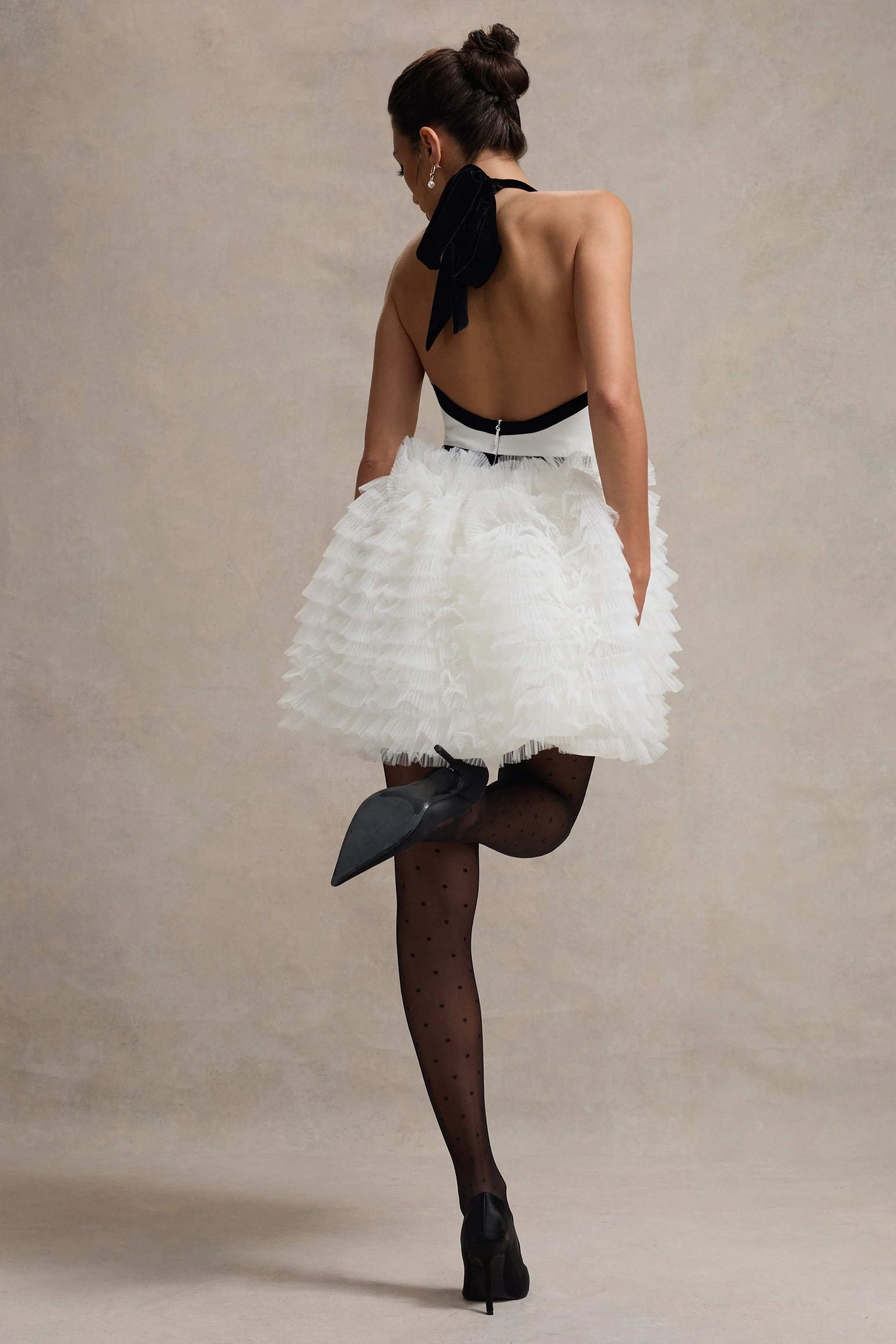Eclair | Black & White Plunge-Neck Mini Dress With Tulle Skirt - Image 2