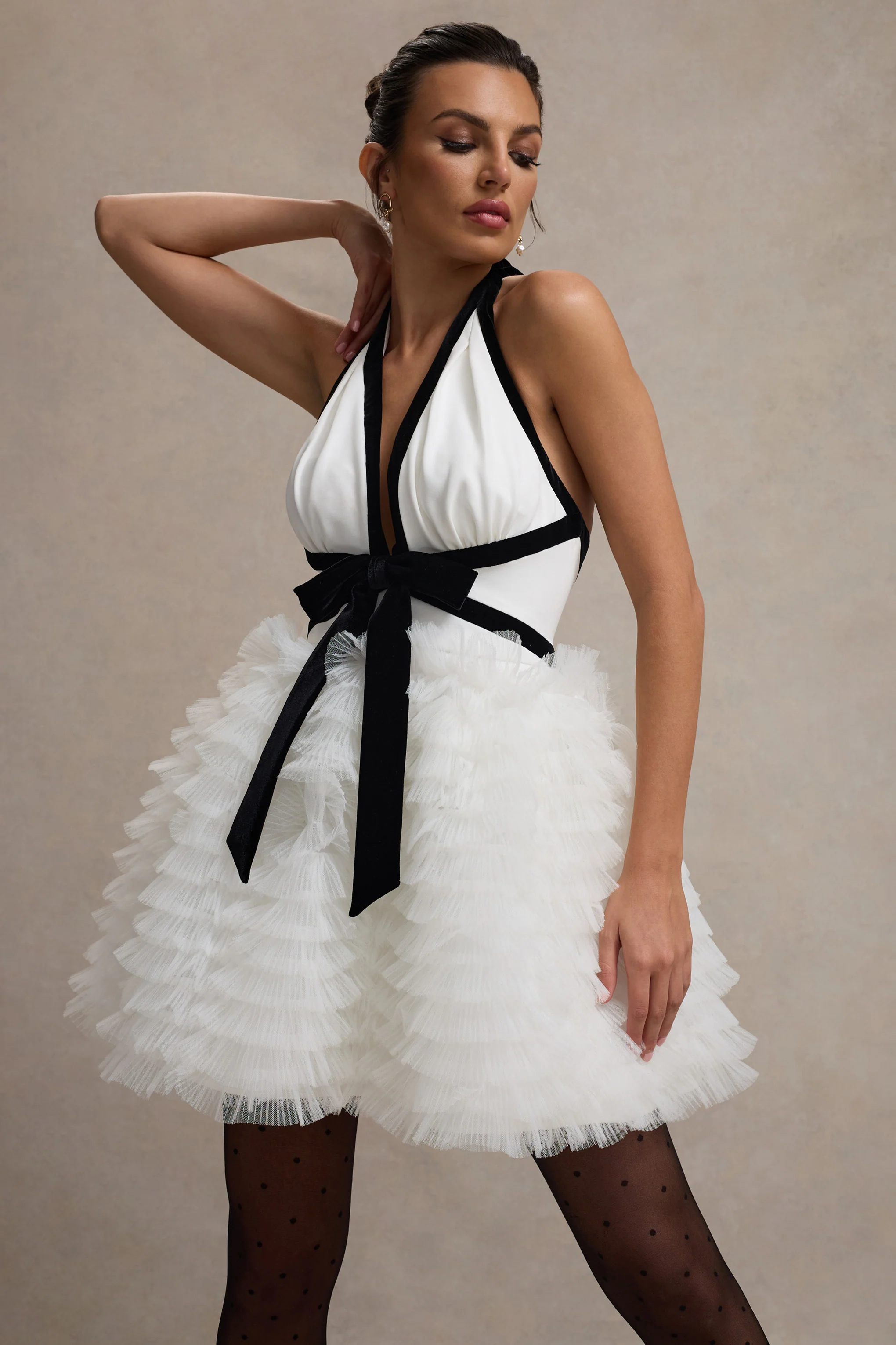 Eclair | Black & White Plunge-Neck Mini Dress With Tulle Skirt - Image 3