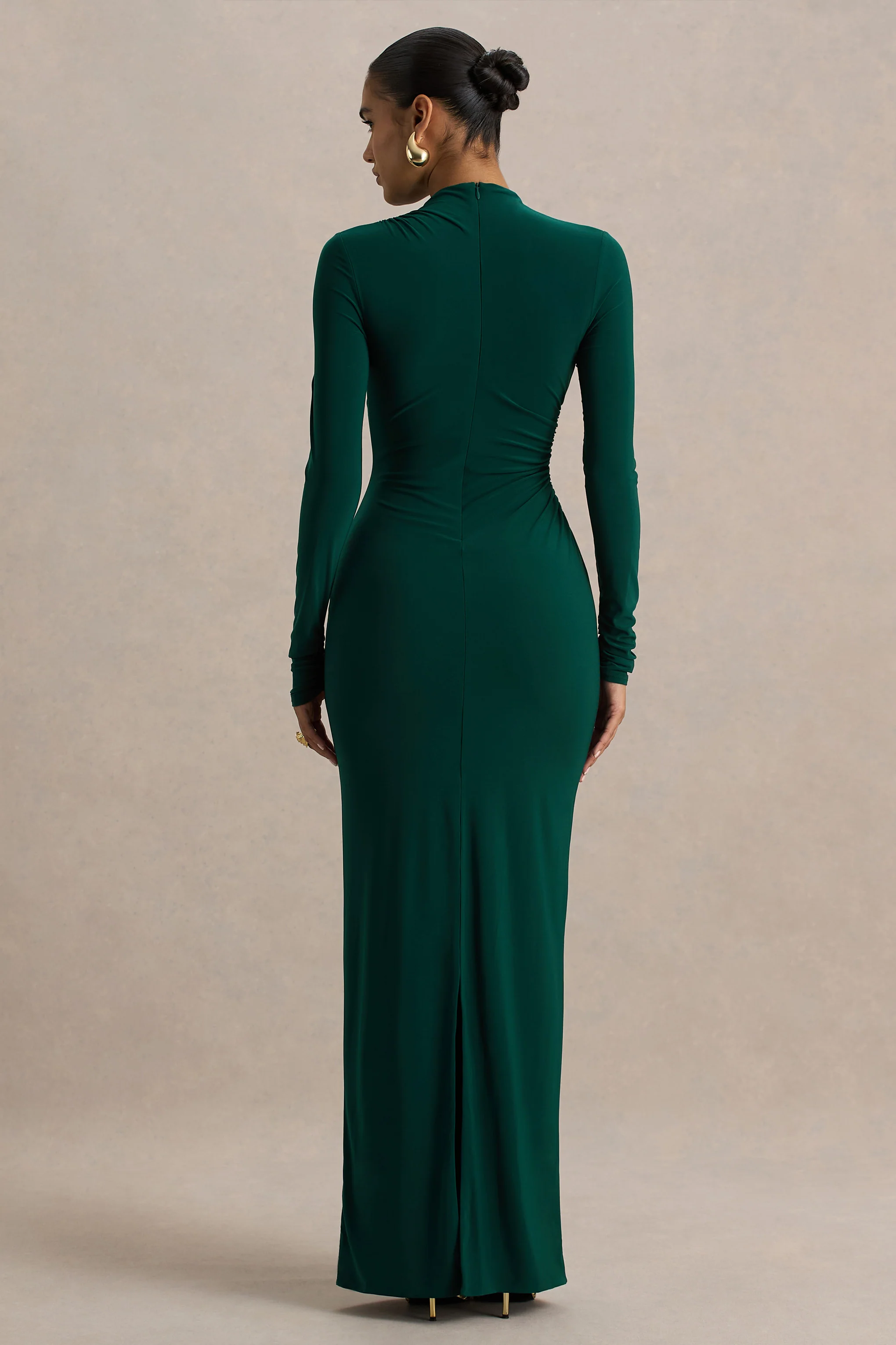 Eden |  Bottle Green High-Neck Maxi Dress With Ruched Detailing - Image 2