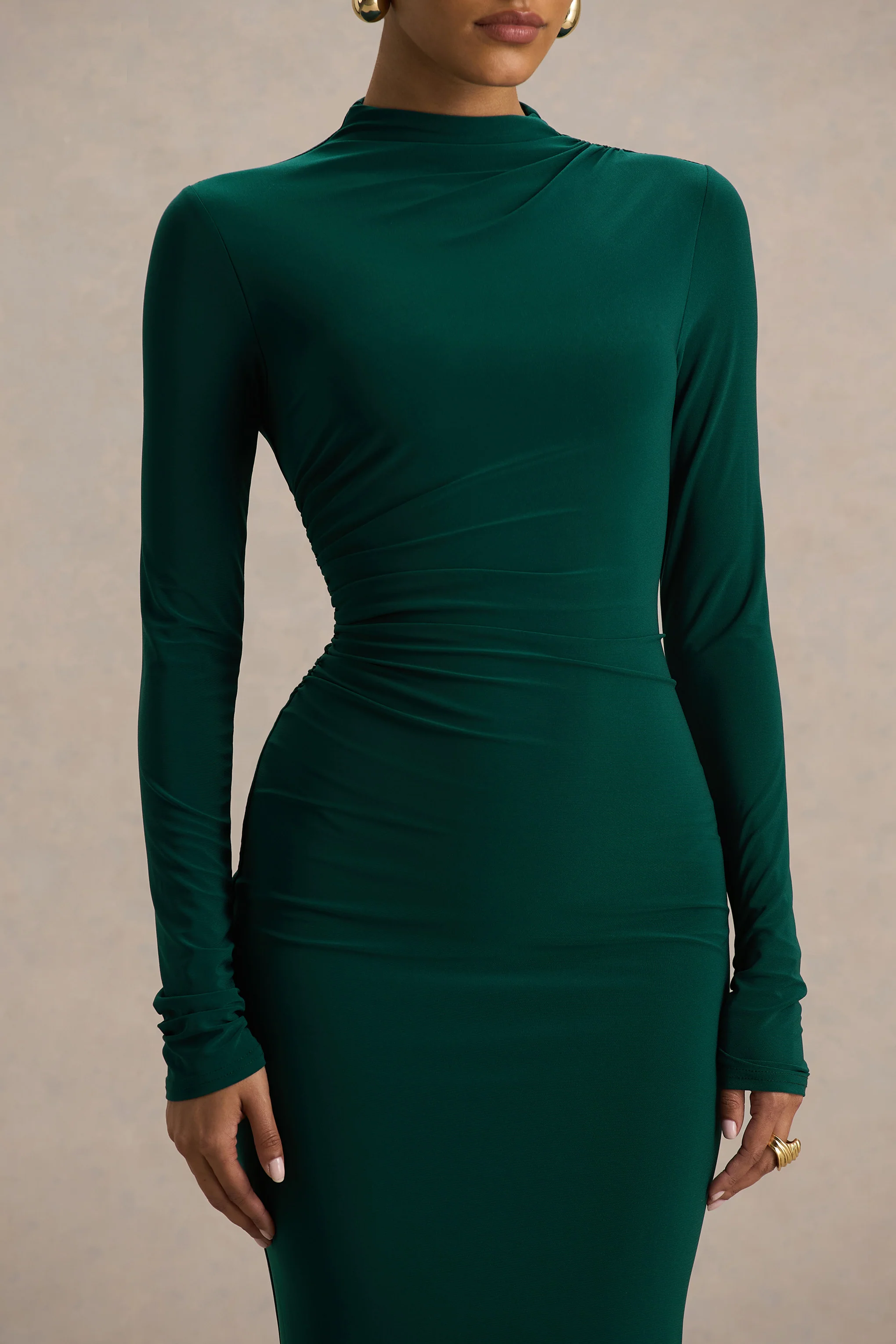 Eden |  Bottle Green High-Neck Maxi Dress With Ruched Detailing - Image 4