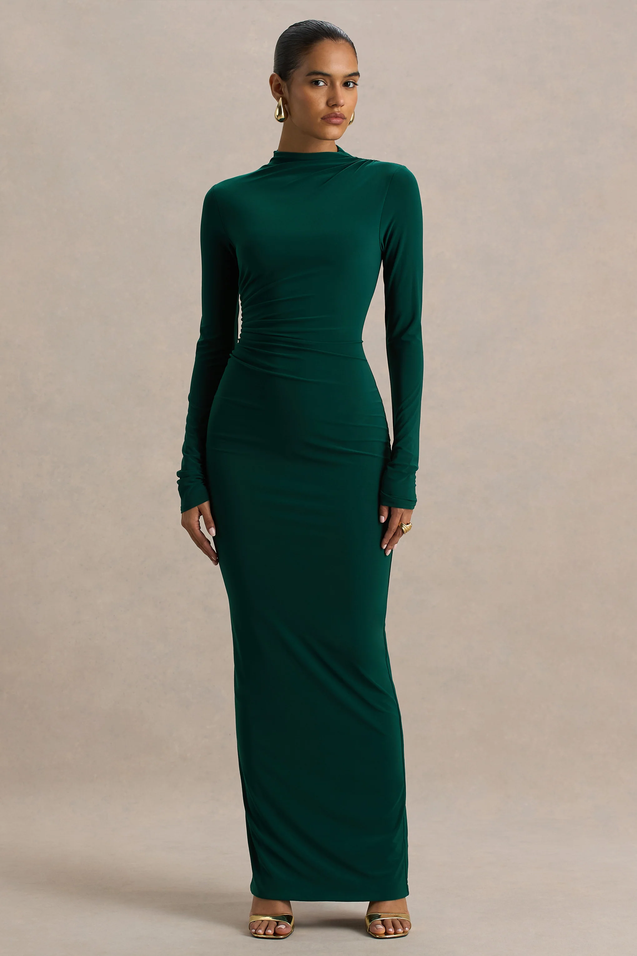 Eden |  Bottle Green High-Neck Maxi Dress With Ruched Detailing - Image 5