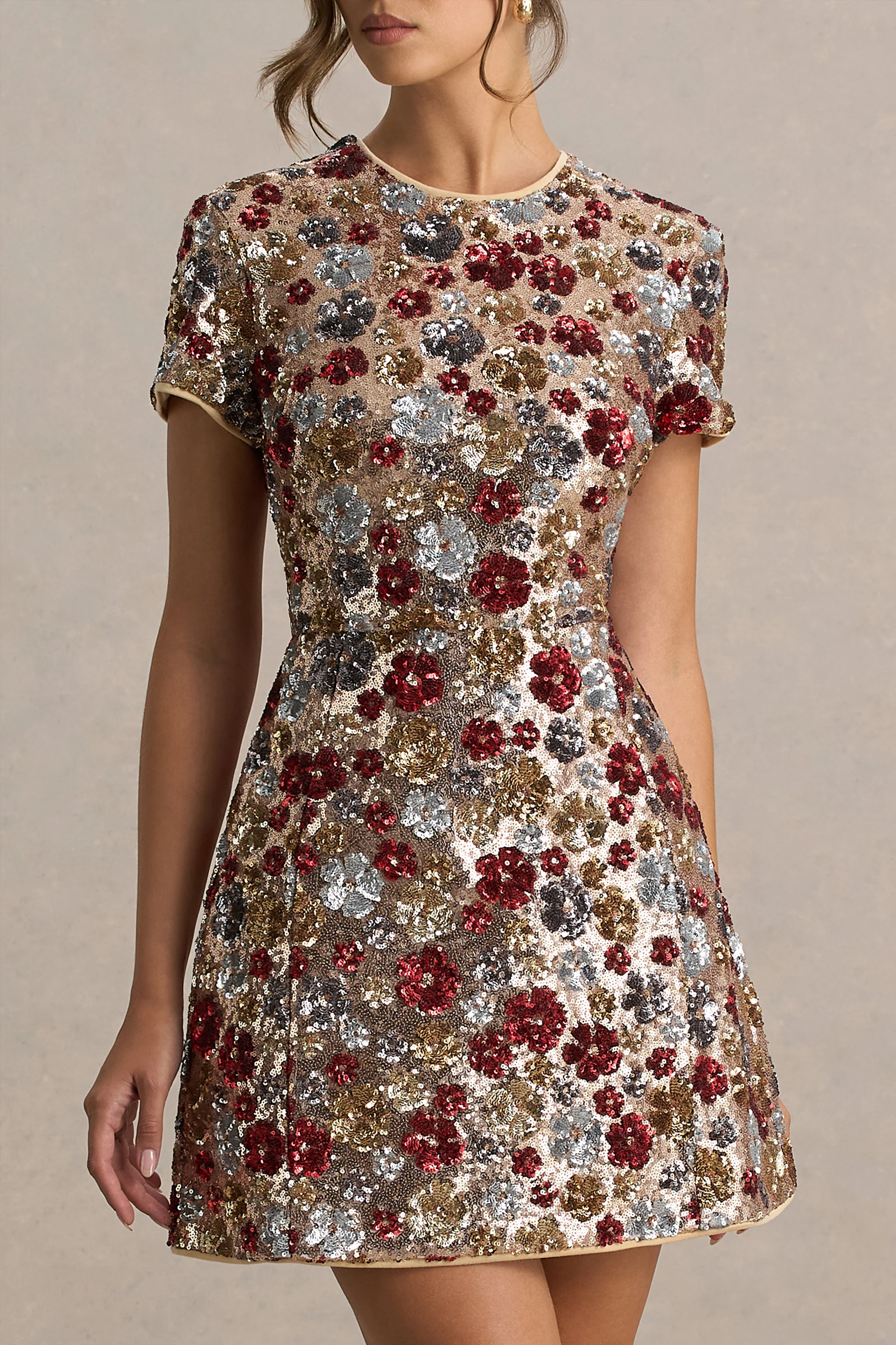 Eira | Red Floral Embellished Sequin Crew-Neck Mini Dress - Image 3