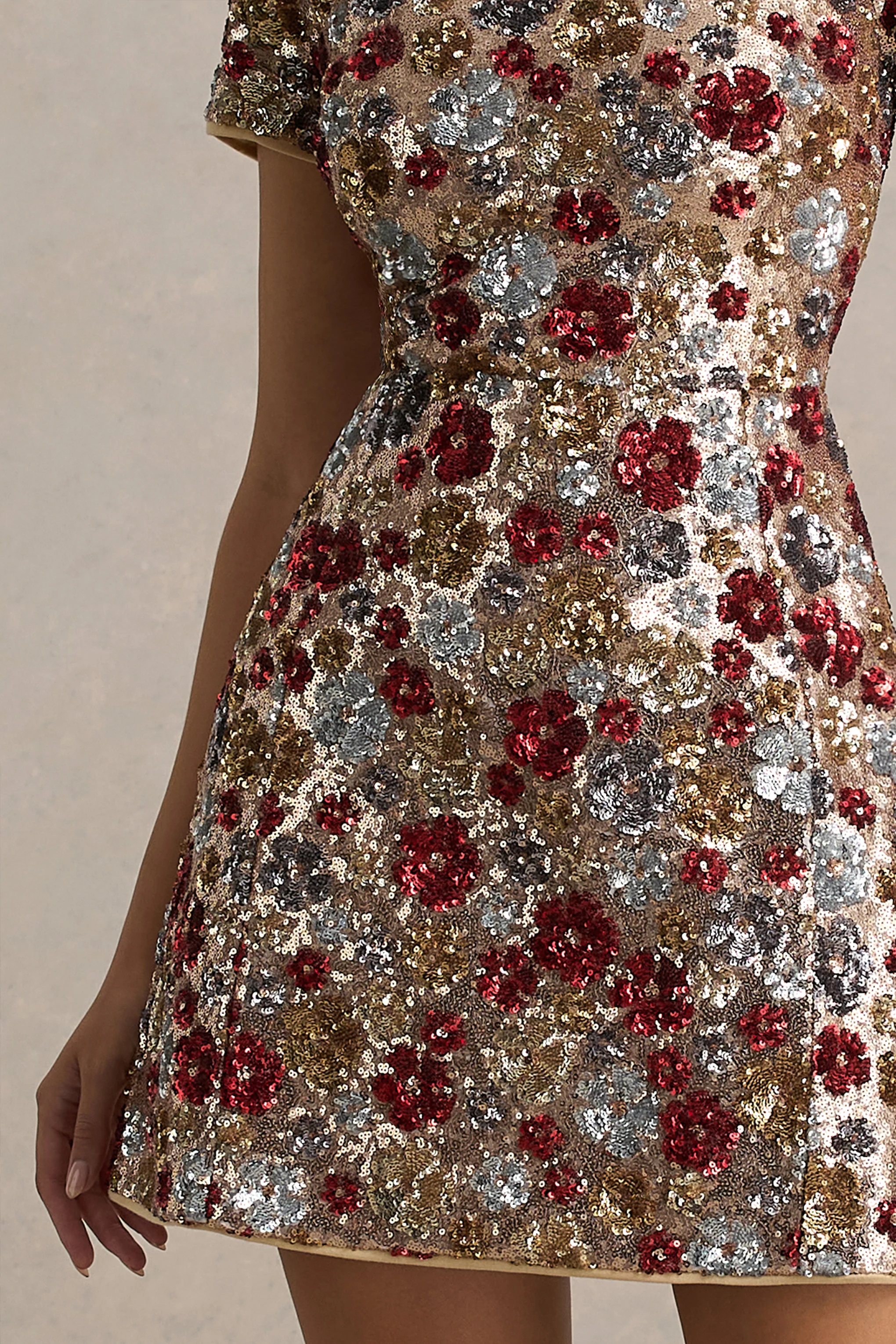 Eira | Red Floral Embellished Sequin Crew-Neck Mini Dress - Image 6