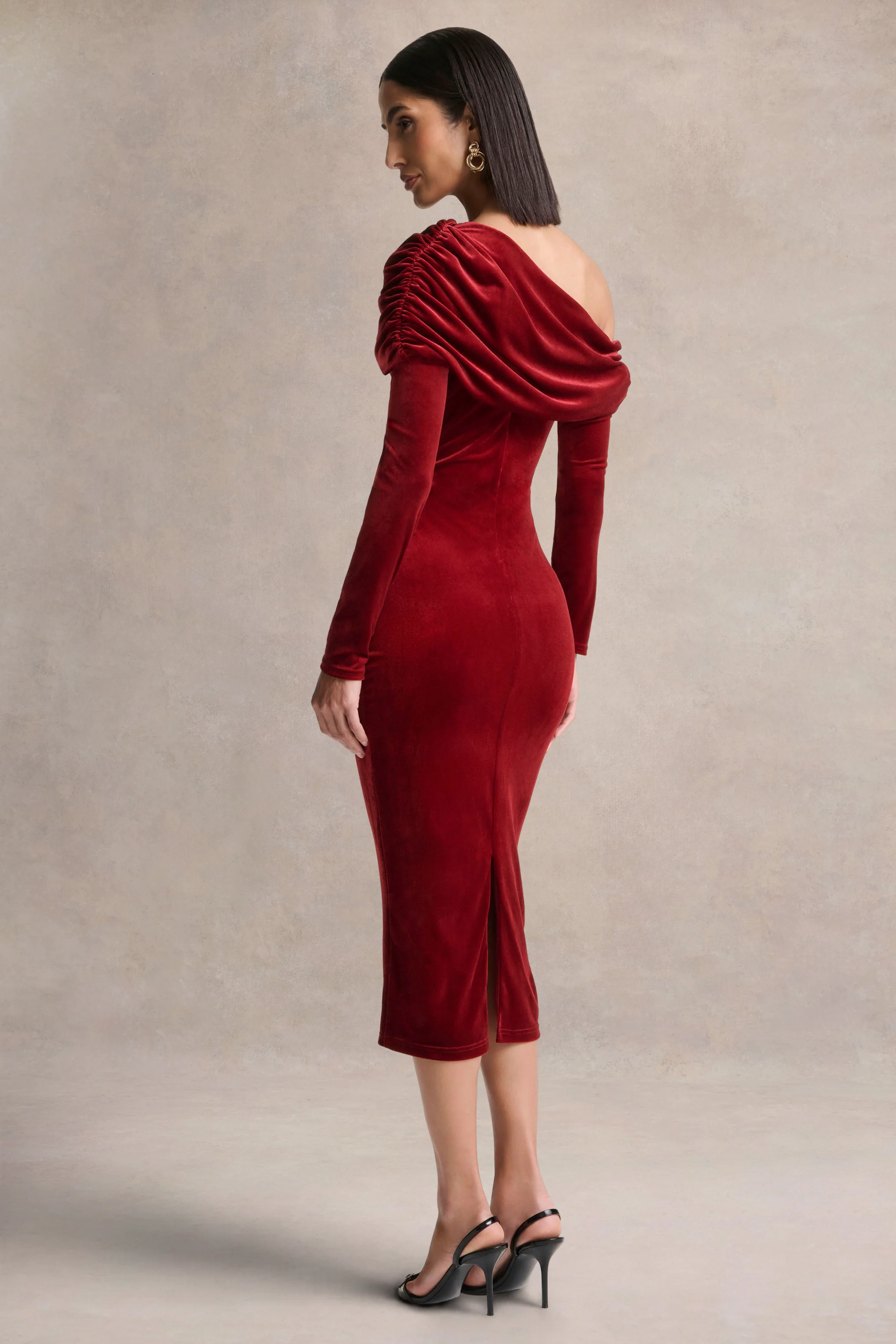 Eirene |  Red Velvet Asymmetric-Neck Midi Dress - Image 2