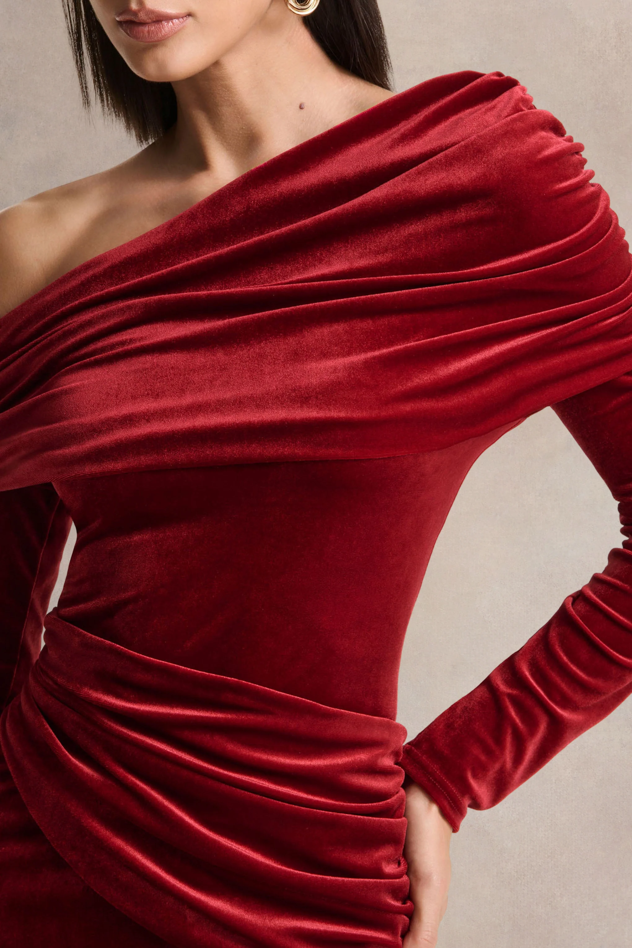 Eirene |  Red Velvet Asymmetric-Neck Midi Dress - Image 3