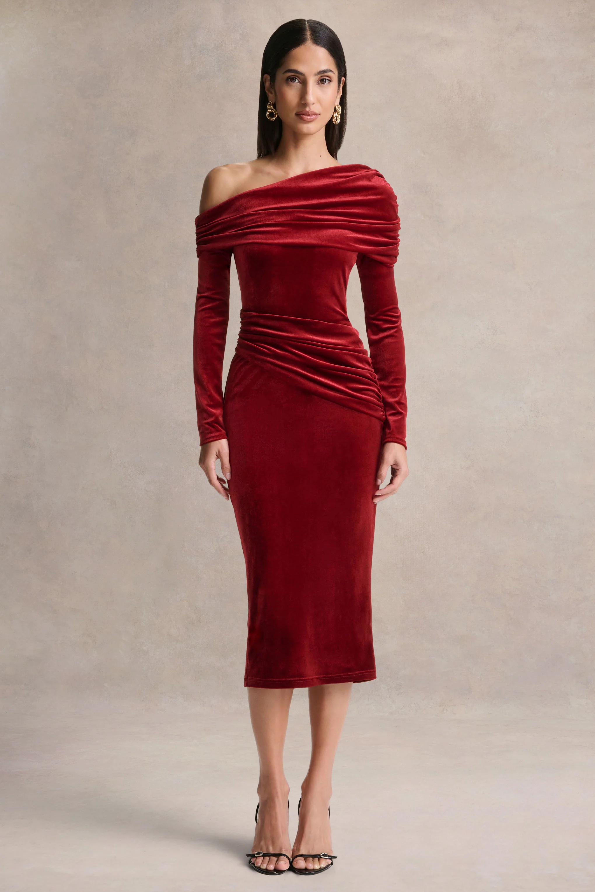 Eirene |  Red Velvet Asymmetric-Neck Midi Dress - Image 4