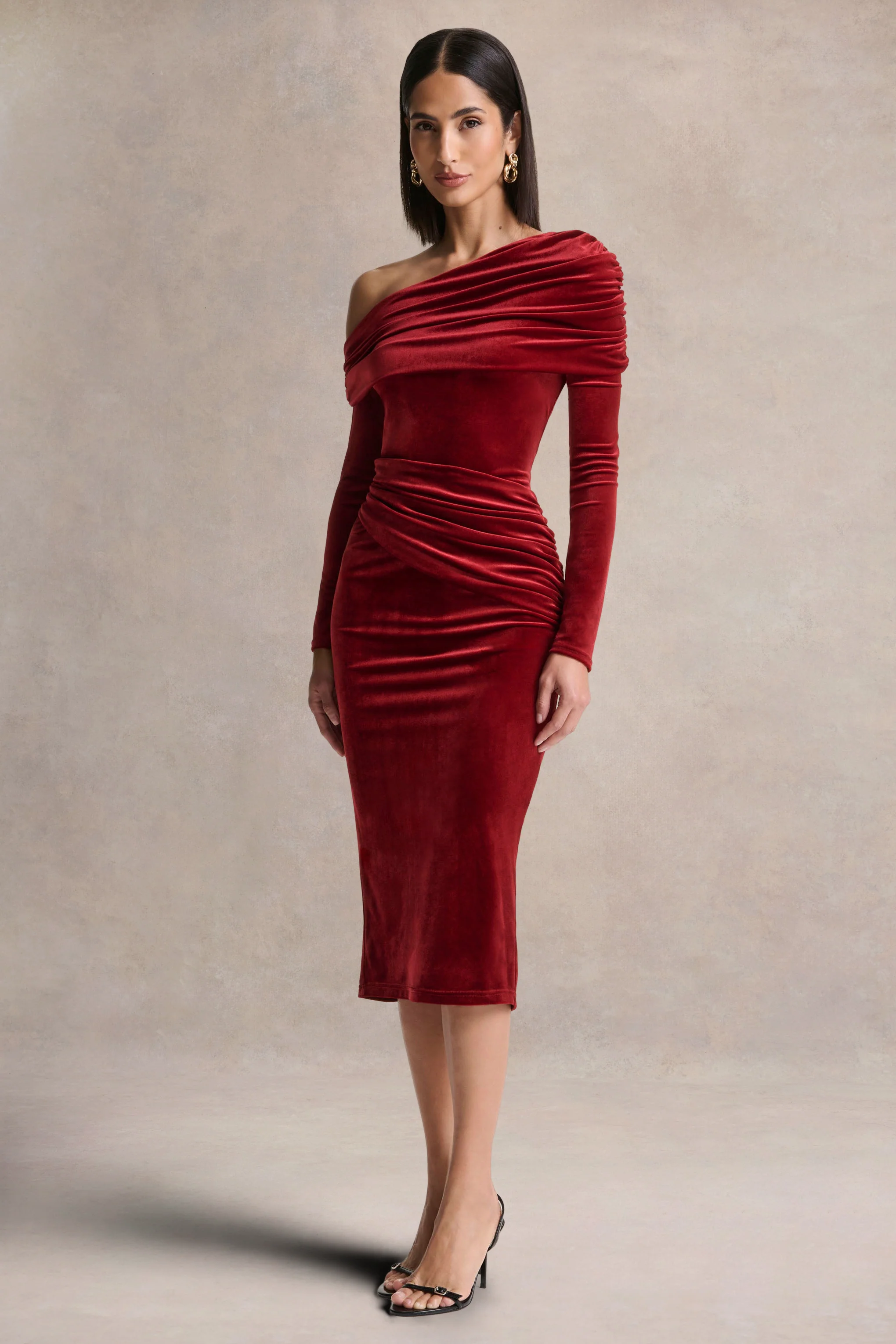 Eirene |  Red Velvet Asymmetric-Neck Midi Dress - Image 7
