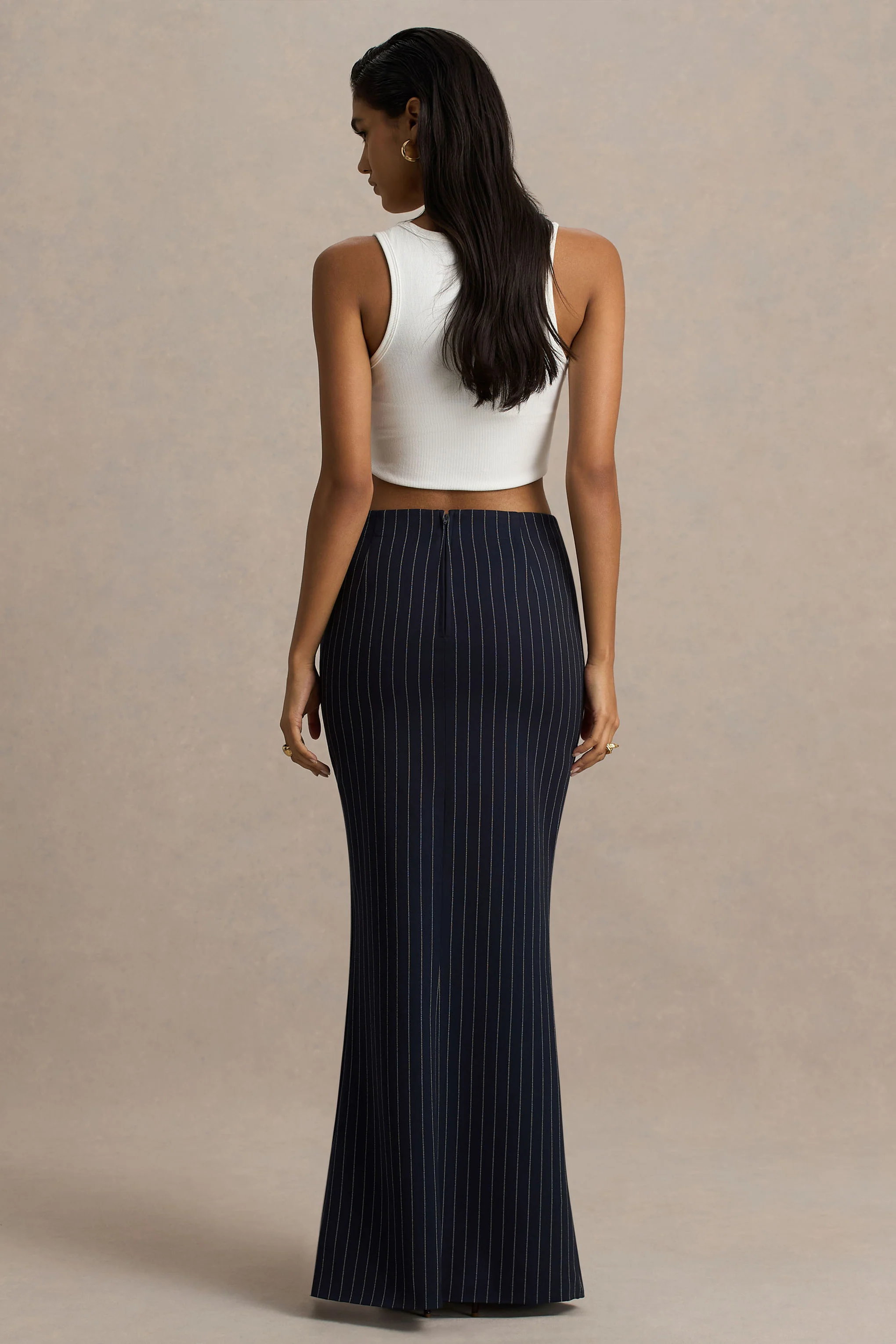 Elana | Navy Pinstripe Maxi Skirt With Front-High Split - Image 3