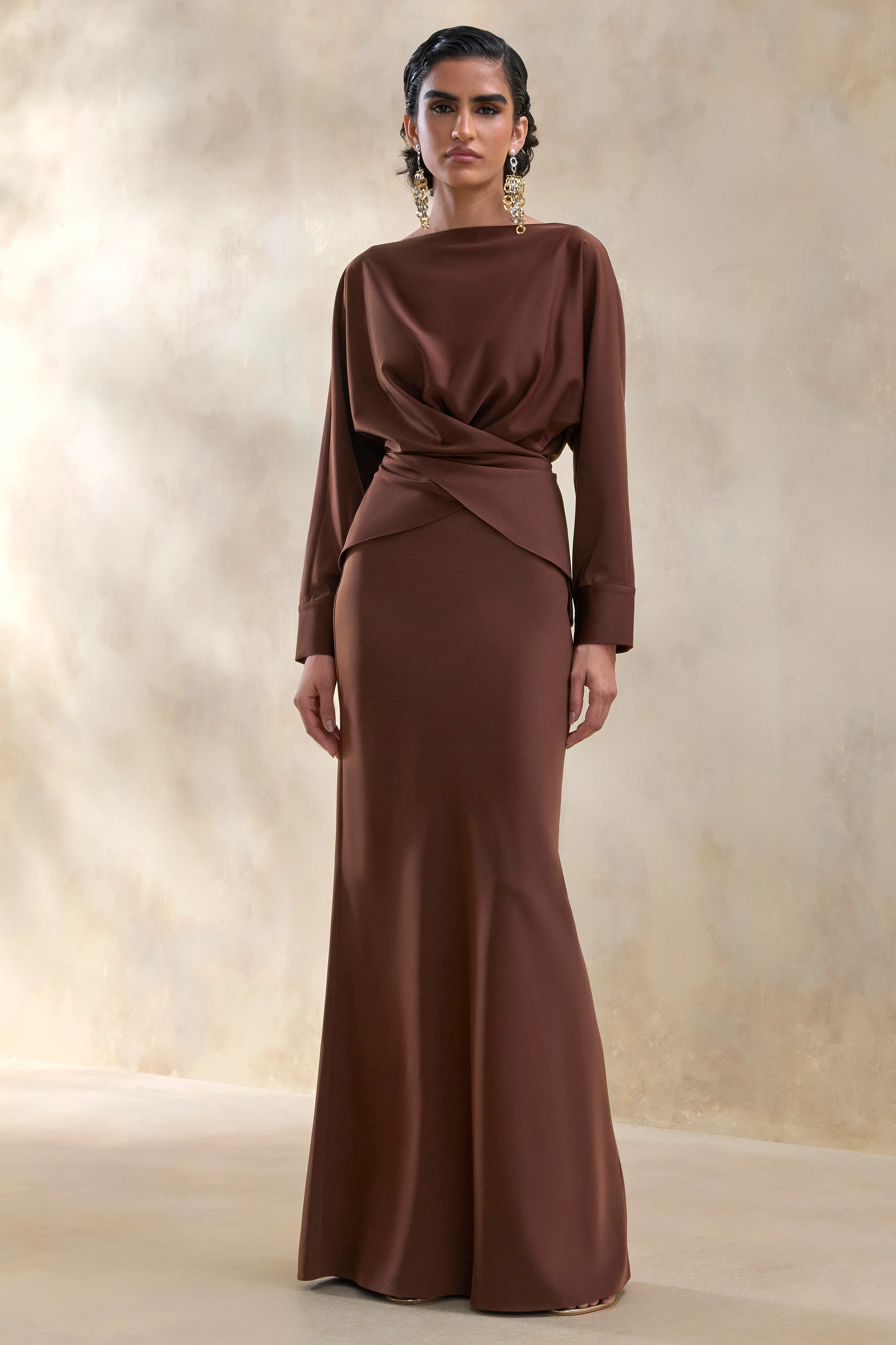 Elaria | Brown Satin Maxi-Skirt - Image 3