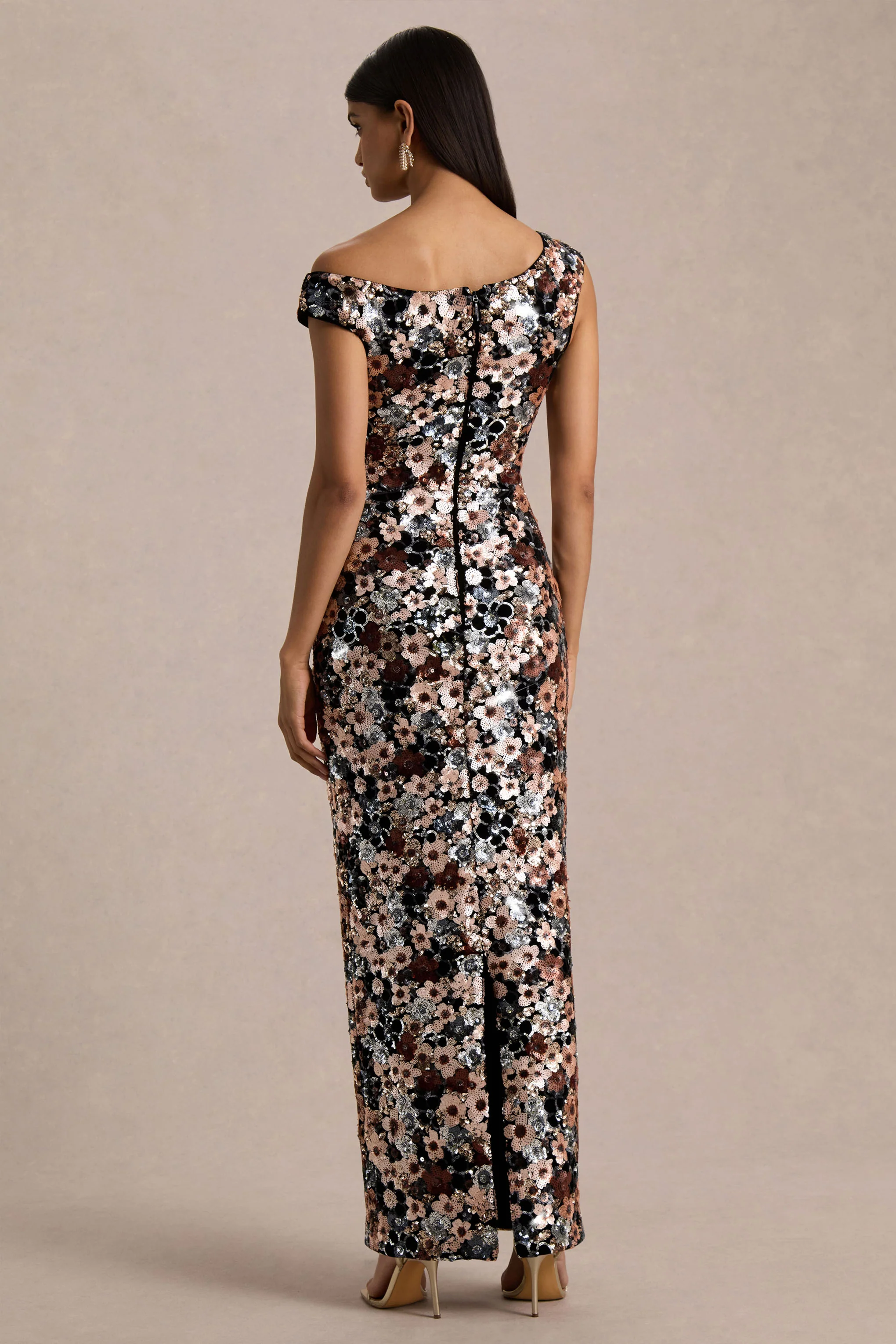 Electric | Black Velvet & Embellished Sequin Floral Asymmetric-Neck Maxi Dress - Image 2