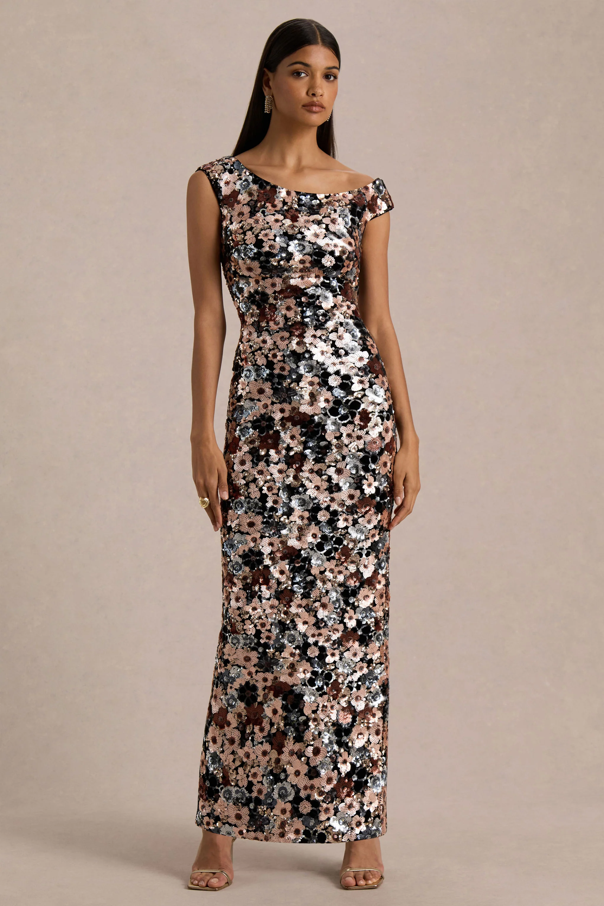 Electric | Black Velvet & Embellished Sequin Floral Asymmetric-Neck Maxi Dress - Image 4