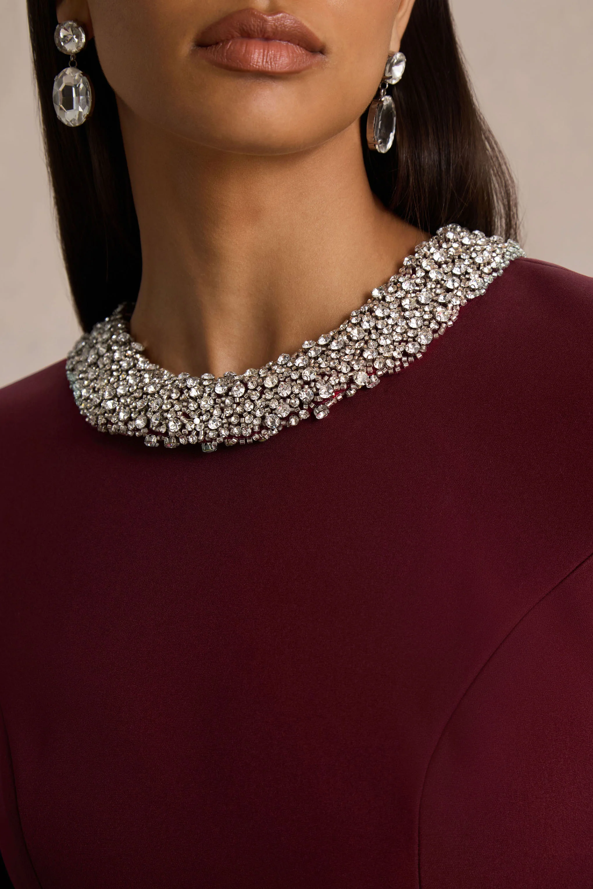 Eletta | Burgundy Embellished Crew-Neck Mini Dress - Image 3