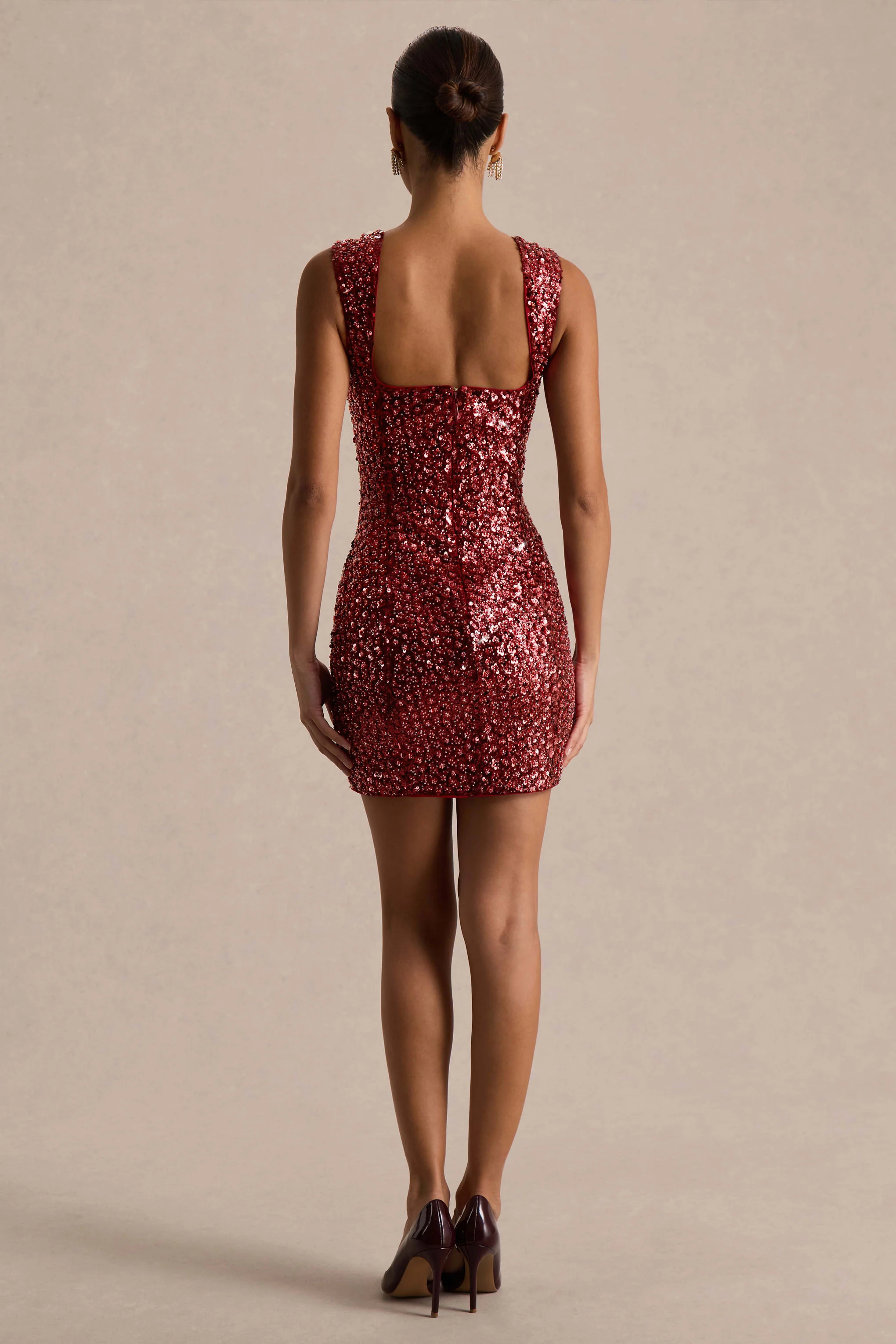 Elettra | Burgundy Sequin Square-Neck Mini Dress - Image 2