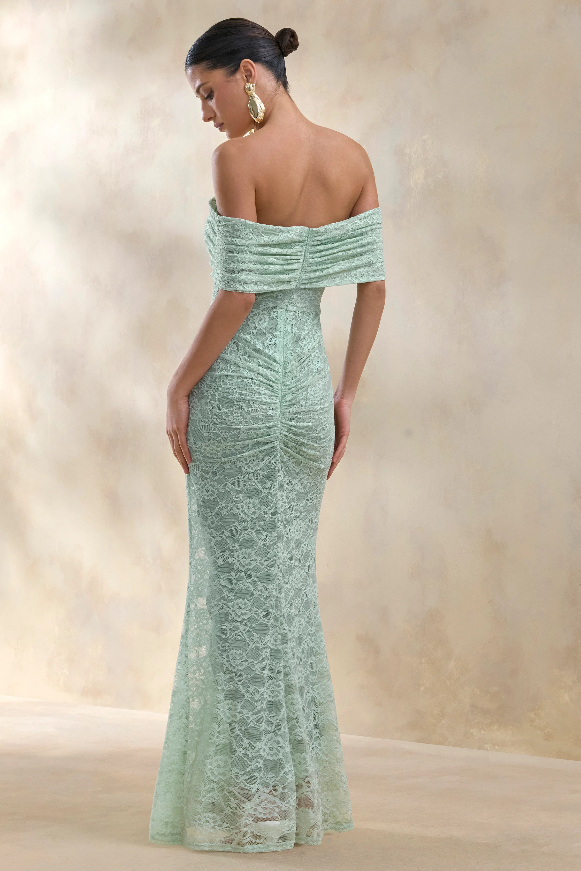 Elinor | Sage Lace Bardot-Neck Maxi Dress With Gathered-Detailing - Image 2