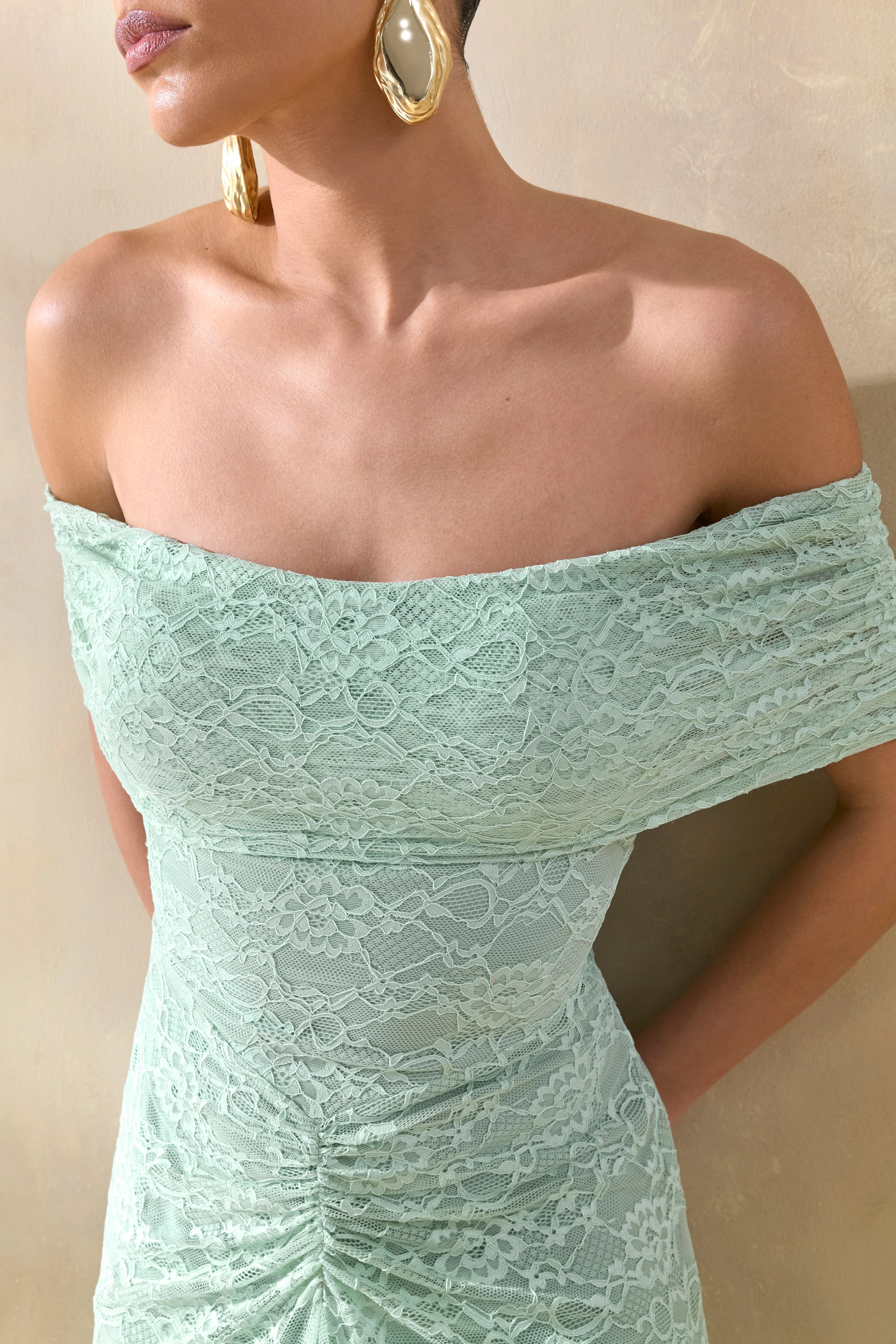 Elinor | Sage Lace Bardot-Neck Maxi Dress With Gathered-Detailing - Image 3