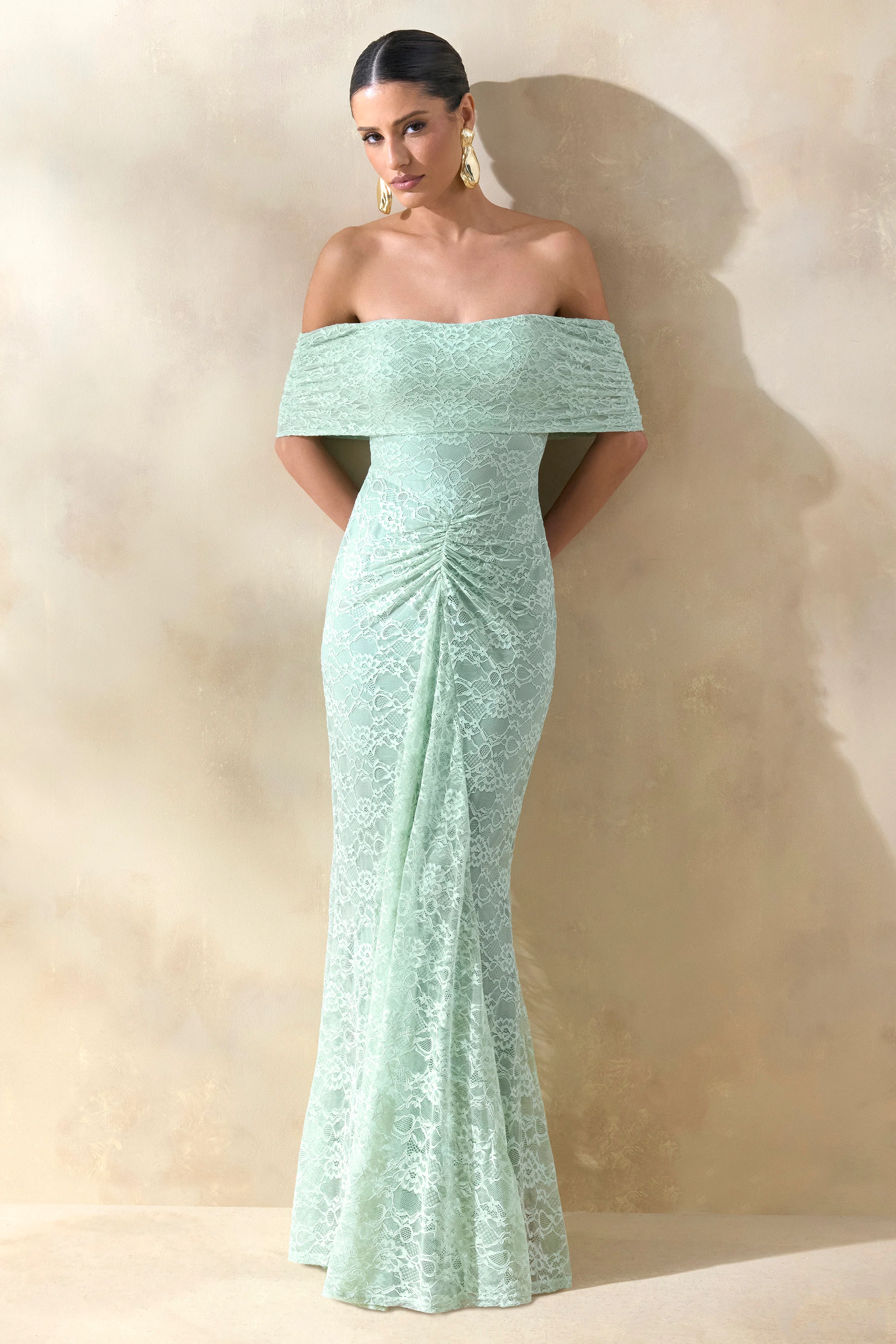 Elinor | Sage Lace Bardot-Neck Maxi Dress With Gathered-Detailing - Image 4