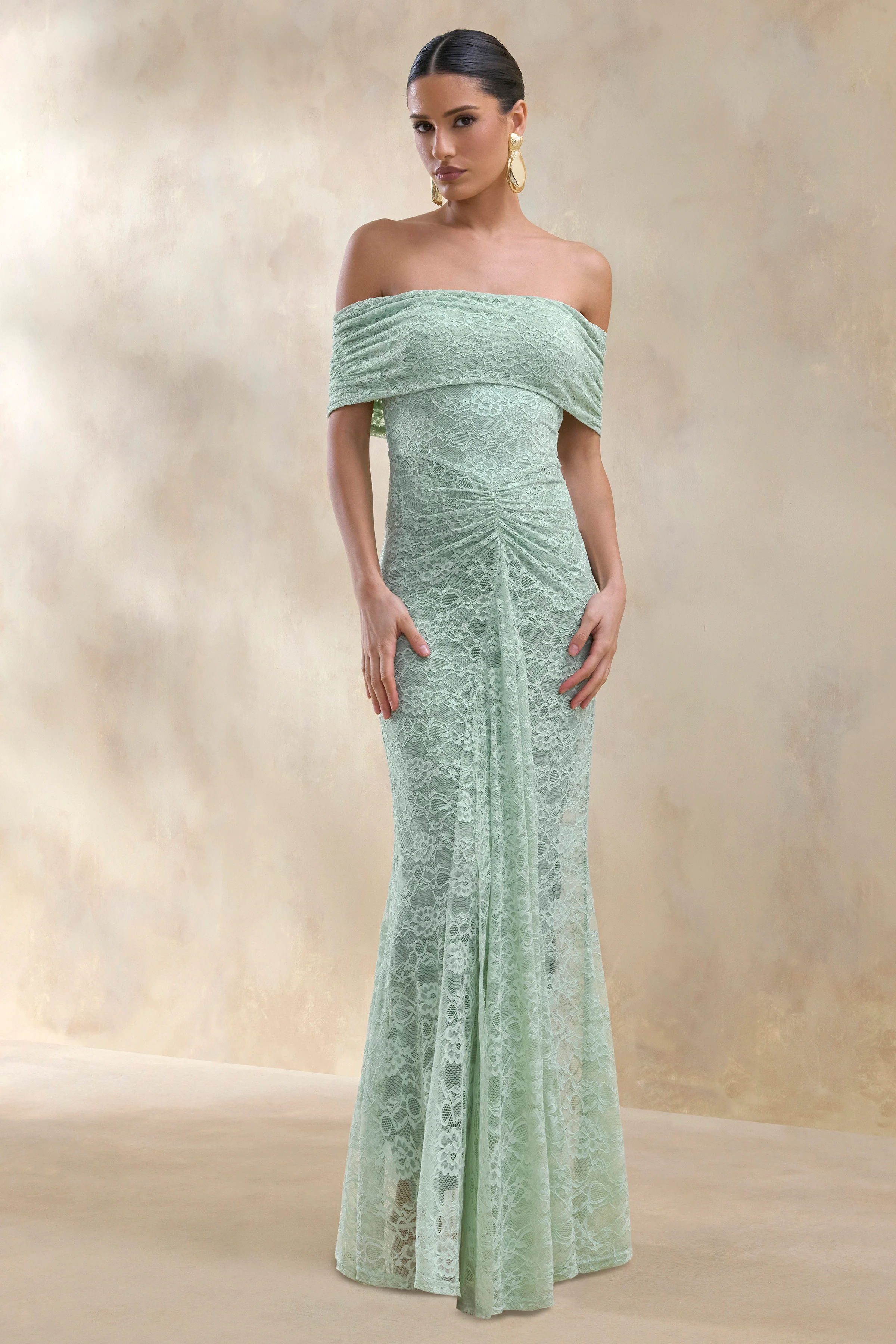 Elinor | Sage Lace Bardot-Neck Maxi Dress With Gathered-Detailing - Image 5