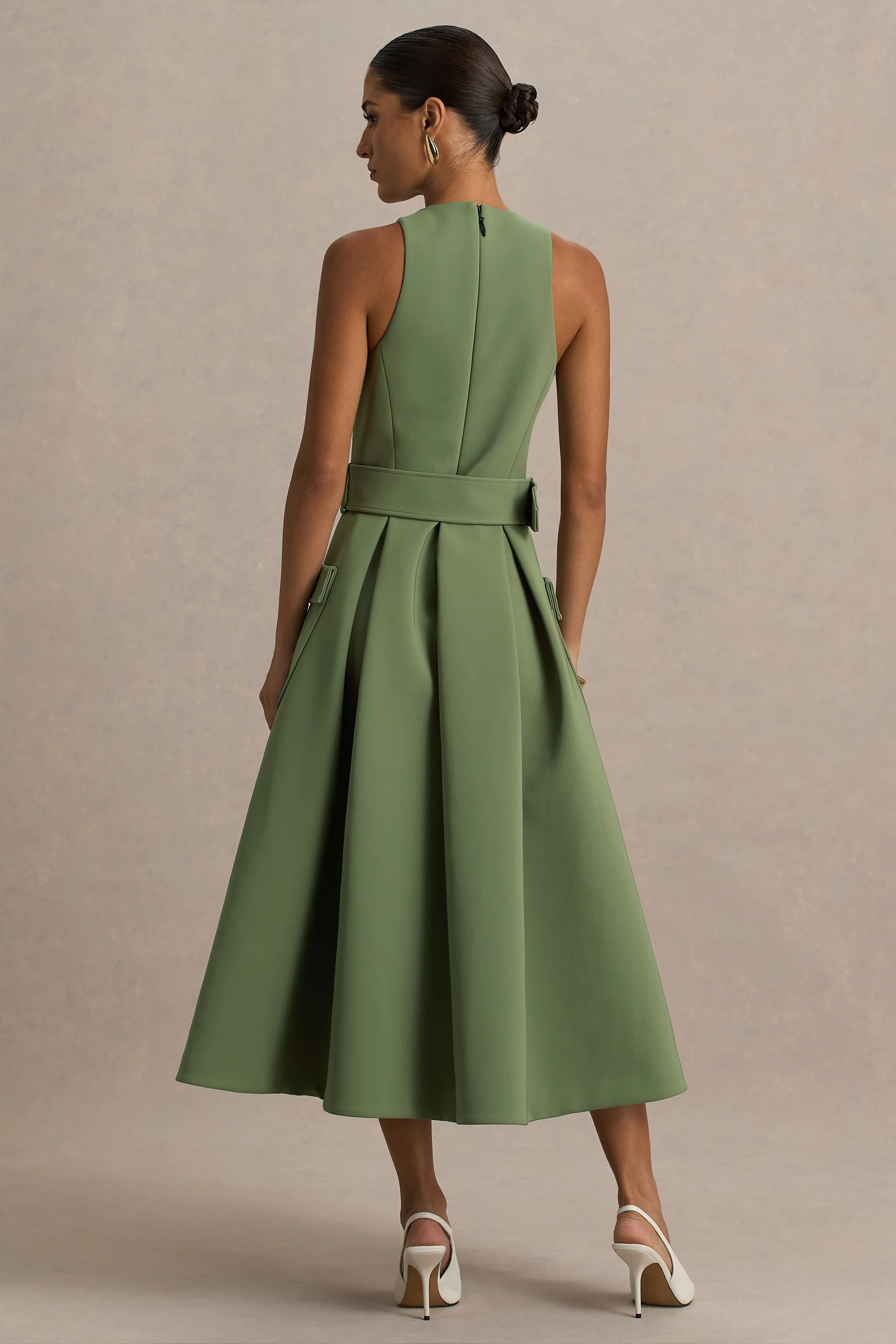 Elisia | Olive Crew-Neck Belted Midi Dress - Image 2