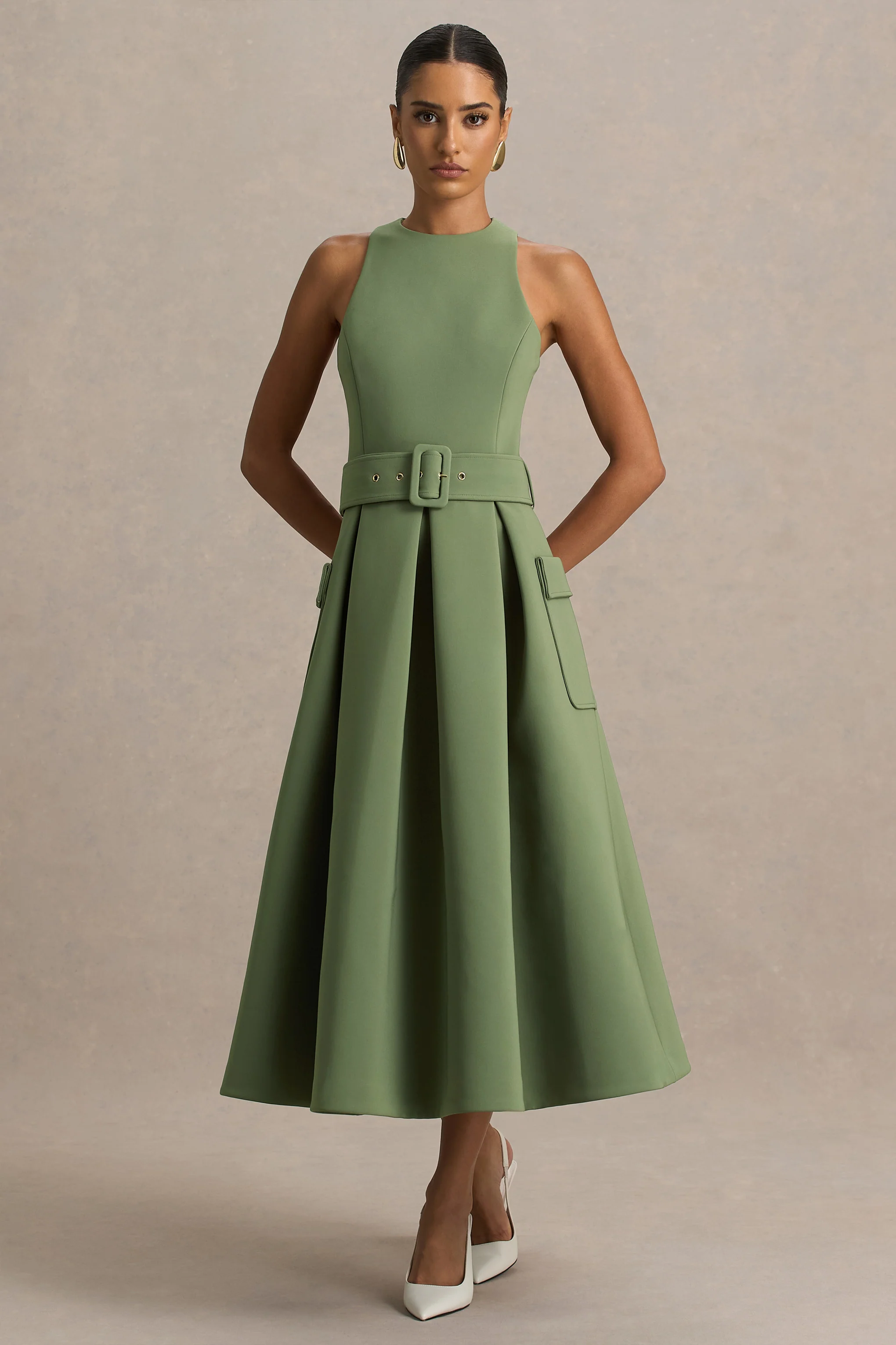 Elisia | Olive Crew-Neck Belted Midi Dress - Image 3