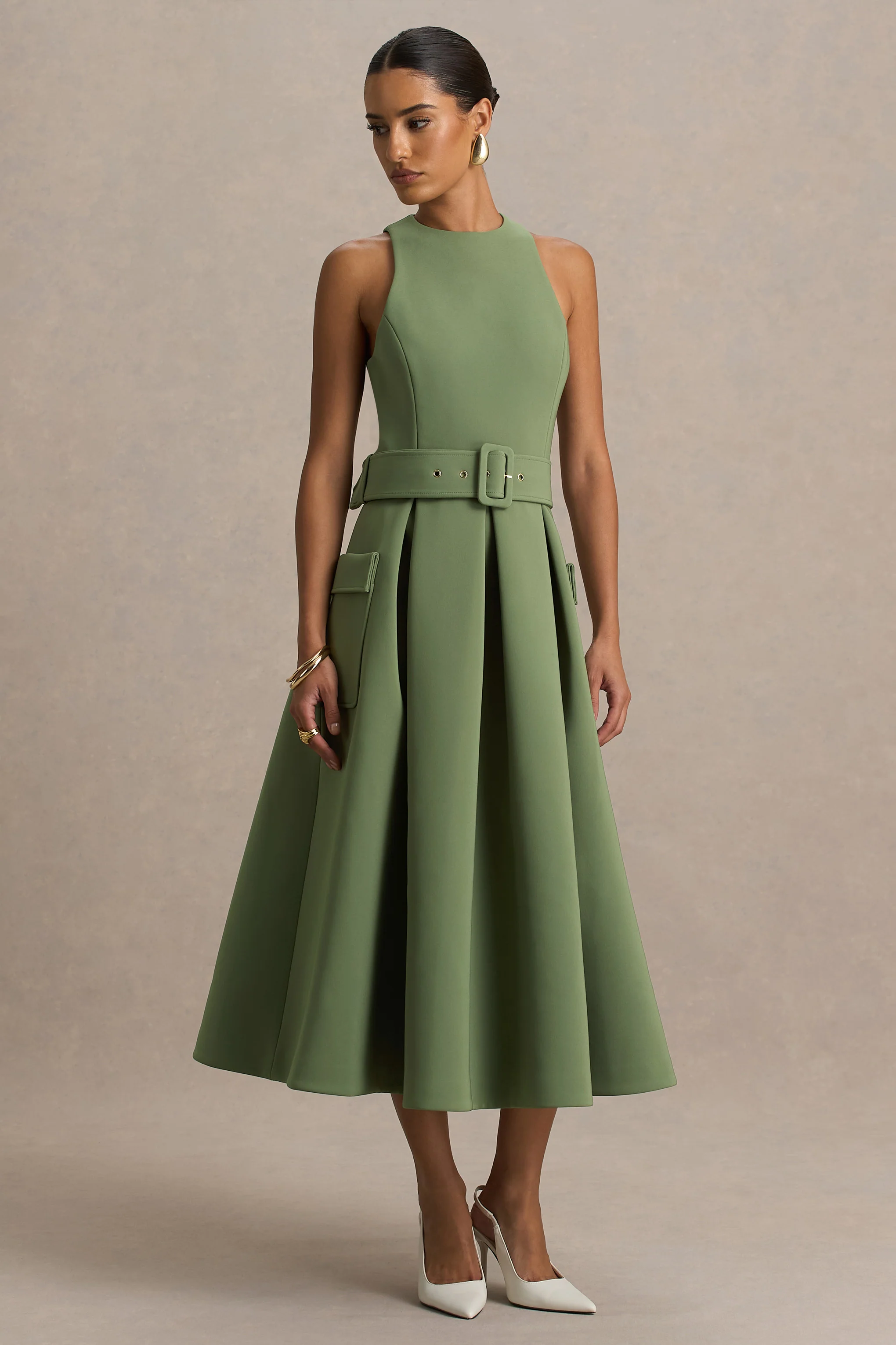Elisia | Olive Crew-Neck Belted Midi Dress - Image 5