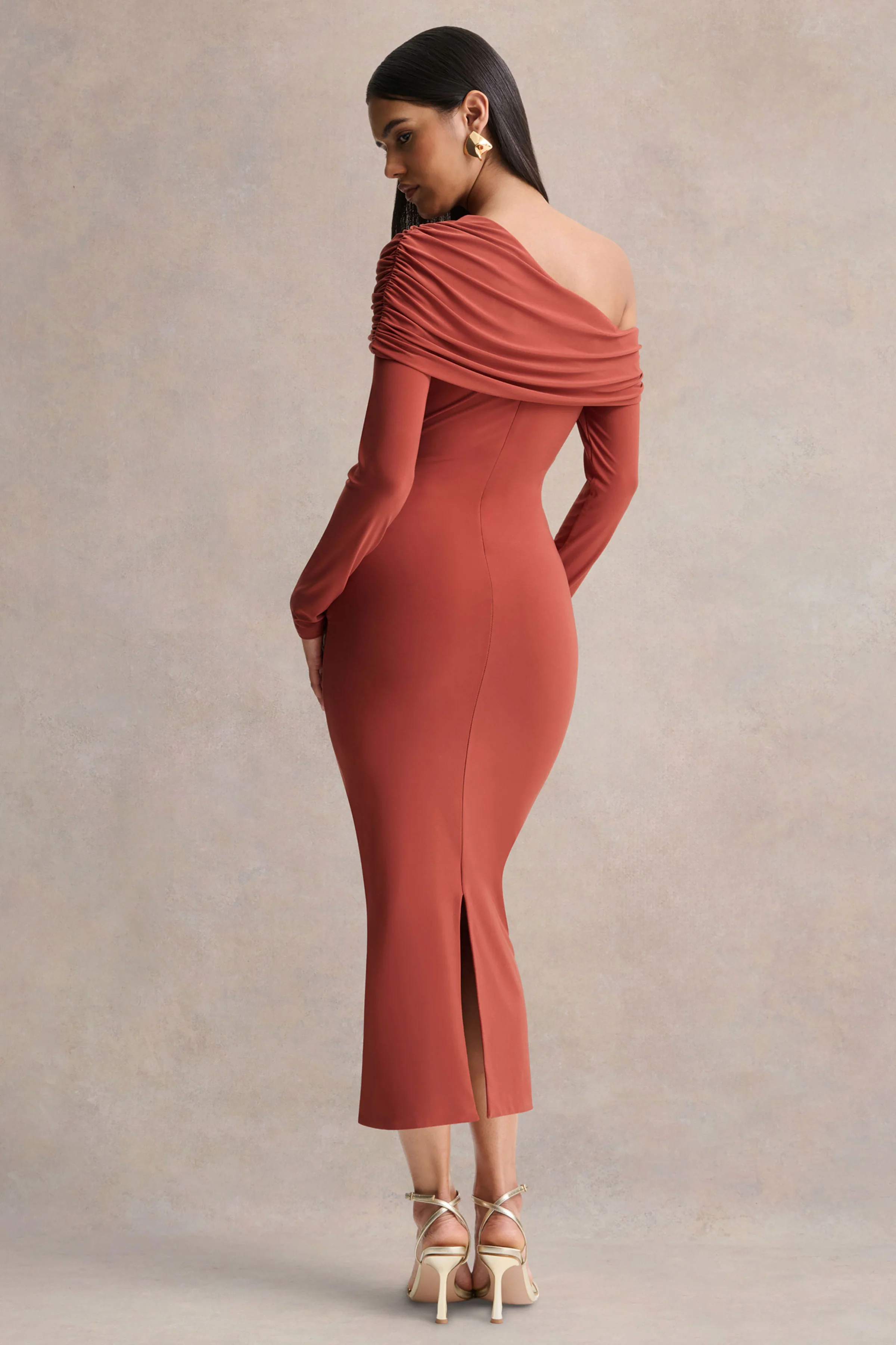 Elliora | Rust Asymmetric-Neck Midi Dress - Image 2