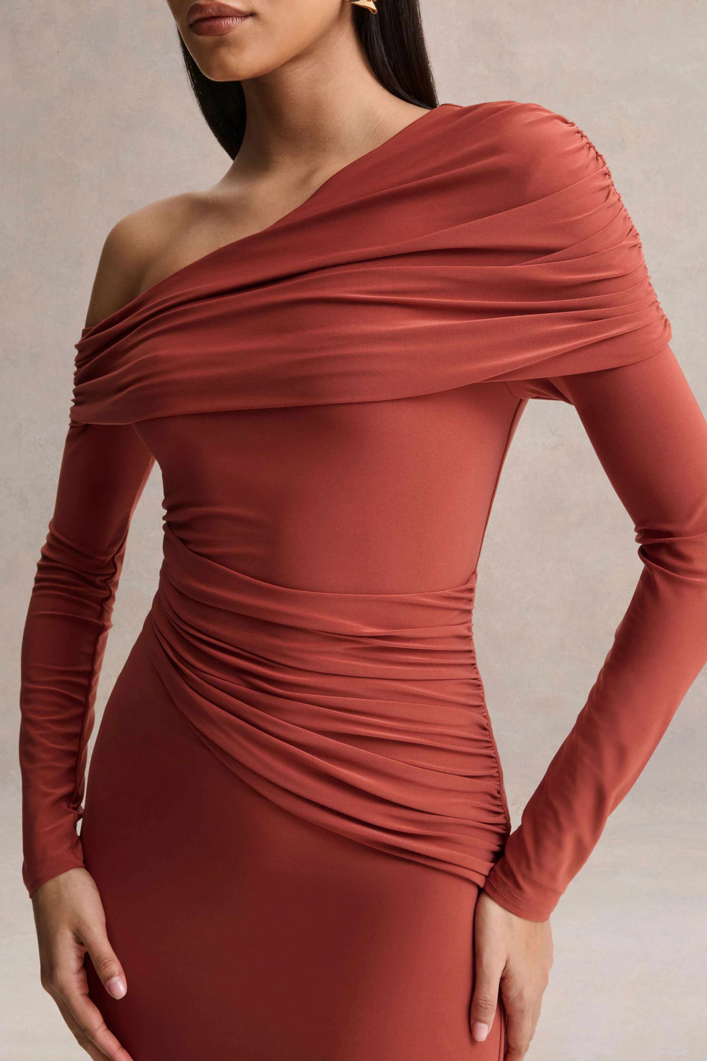 Elliora | Rust Asymmetric-Neck Midi Dress - Image 3