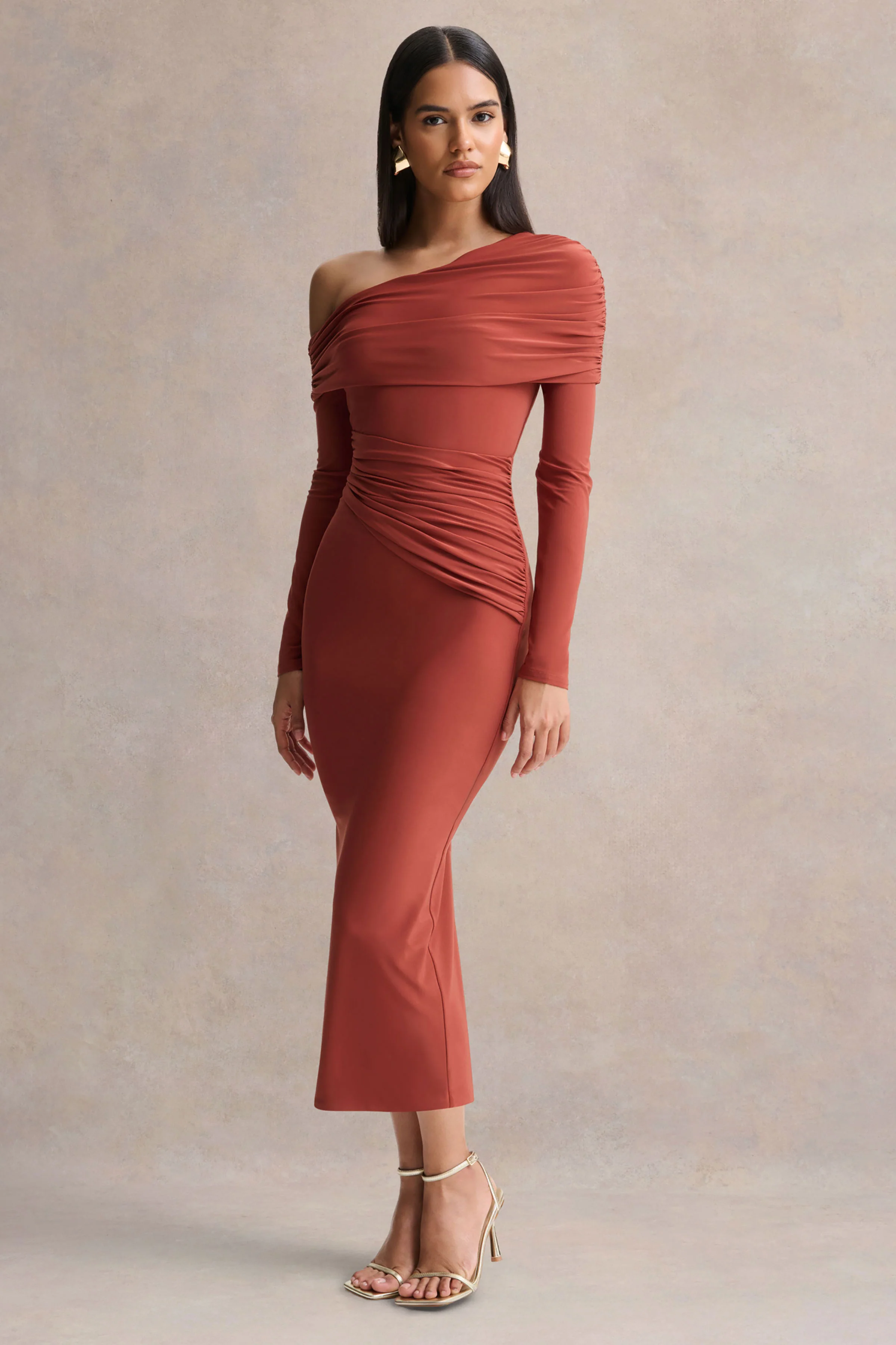 Elliora | Rust Asymmetric-Neck Midi Dress - Image 4