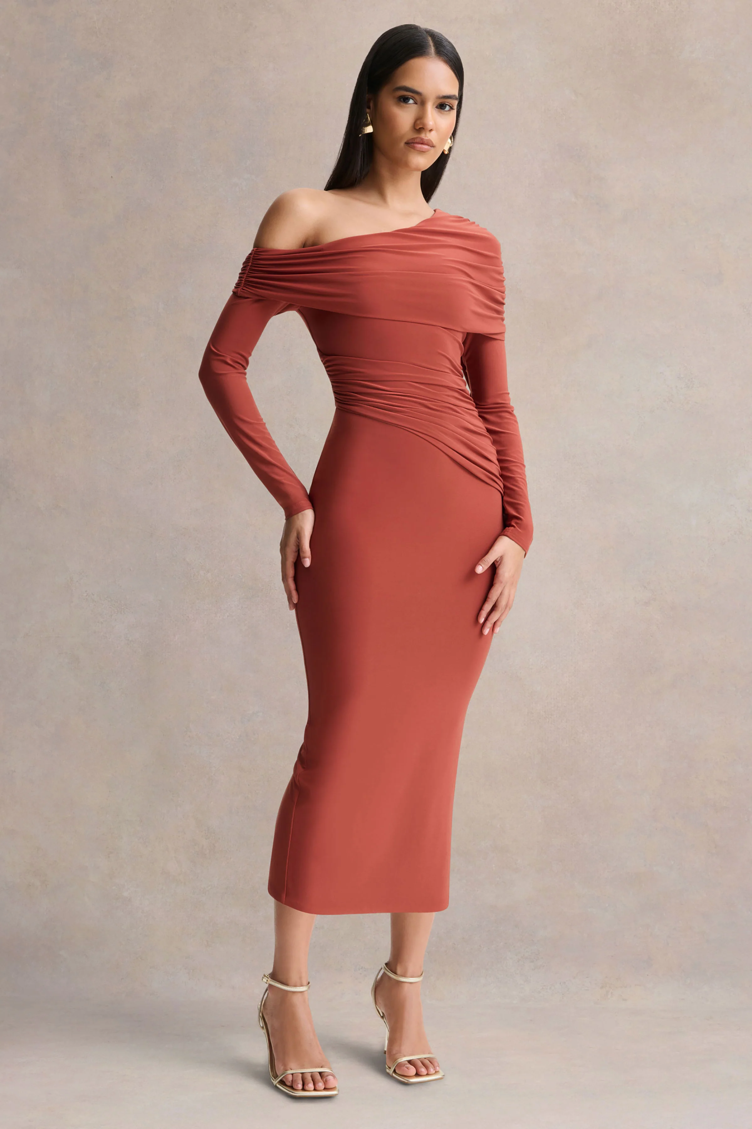 Elliora | Rust Asymmetric-Neck Midi Dress - Image 5