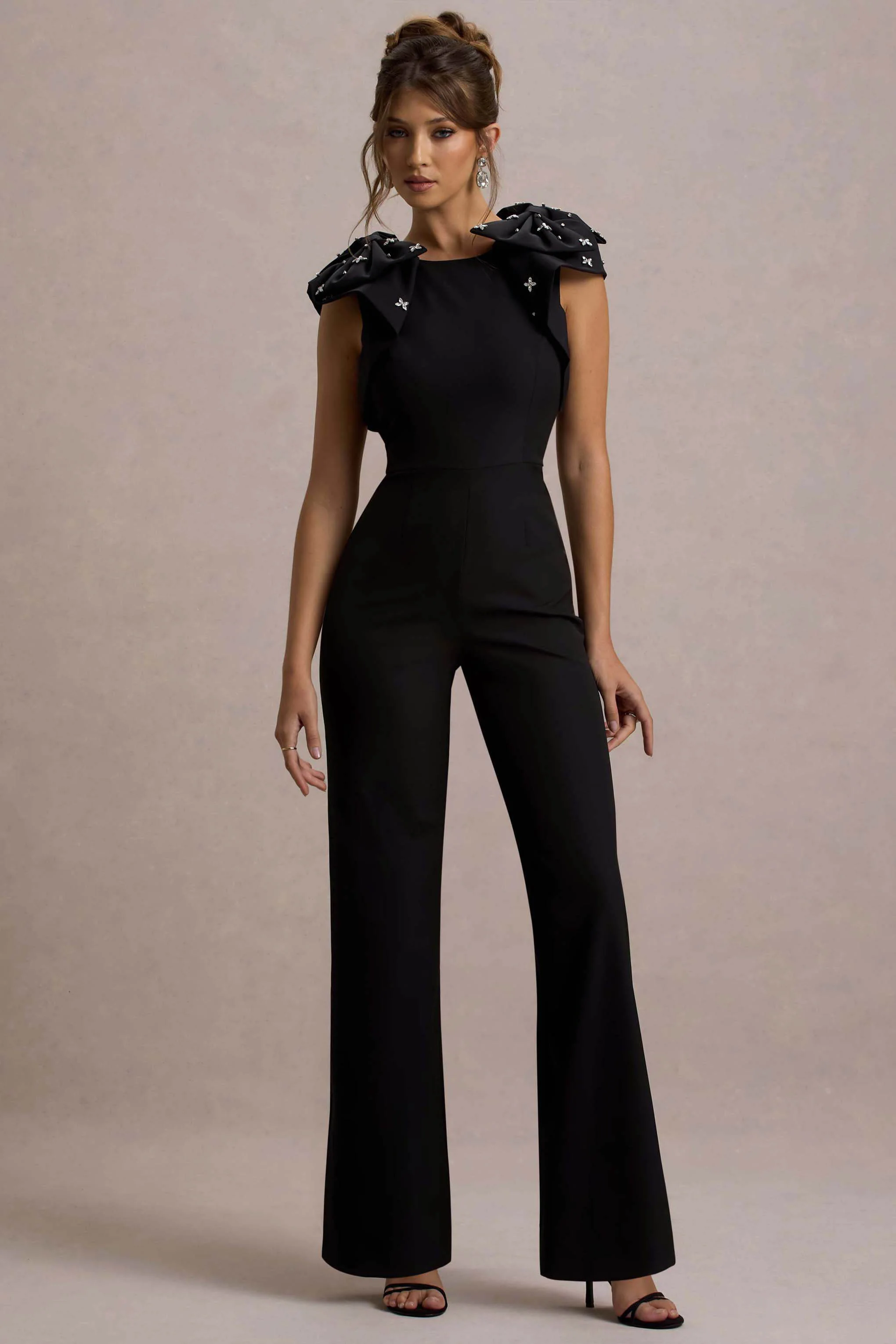 Elma | Black Straight-Leg Jumpsuit With Embellished Bows - Image 5
