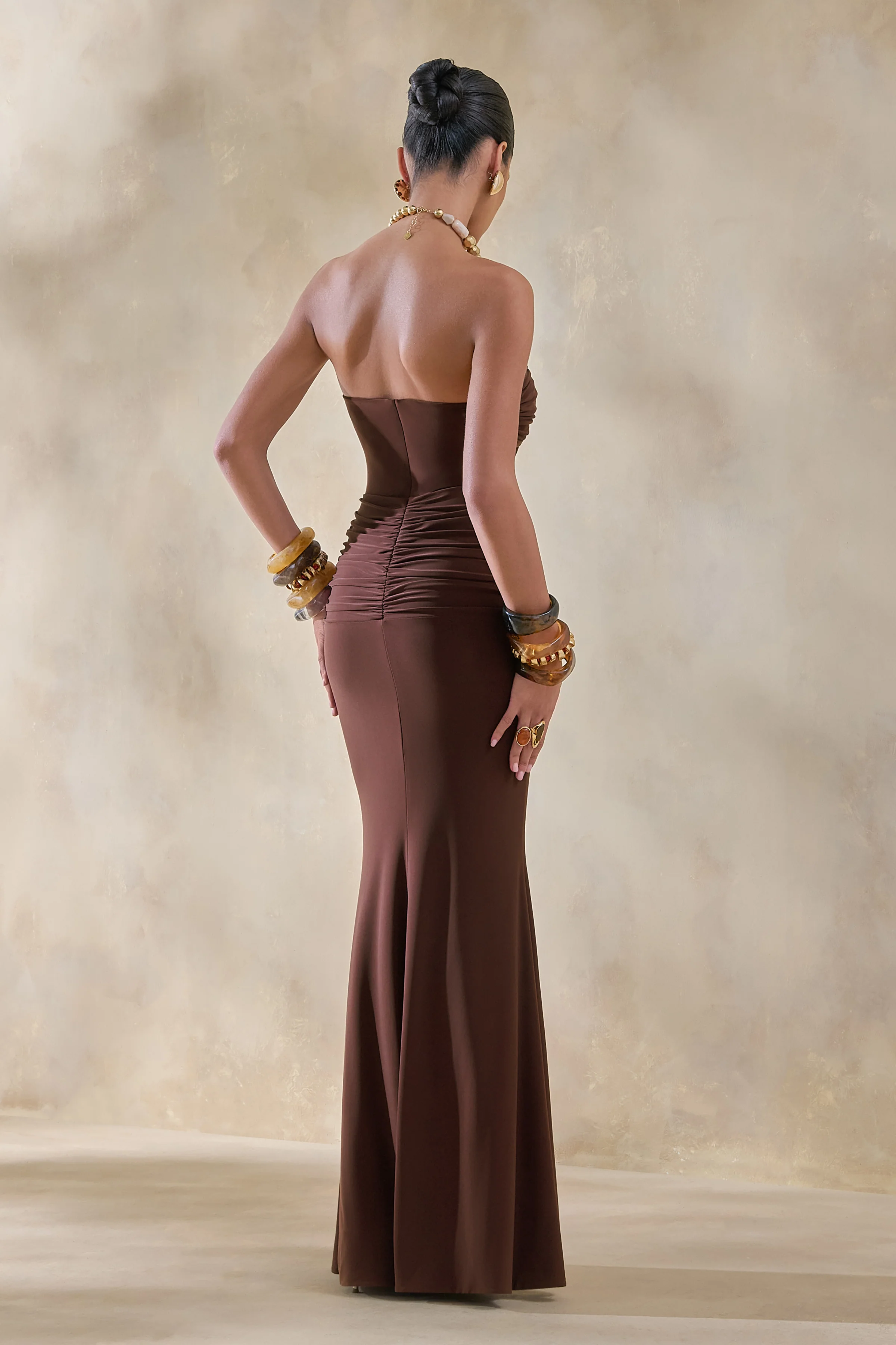 Elodia | Brown Bandeau Maxi Dress With Gathered-Detailing - Image 2