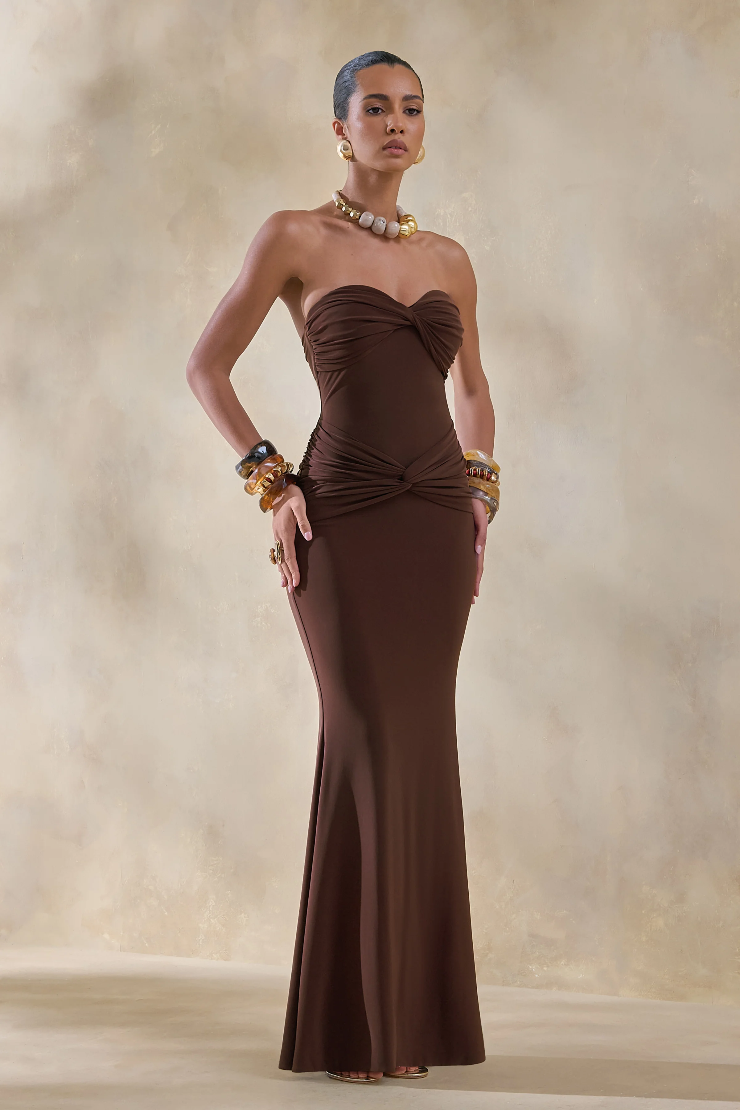 Elodia | Brown Bandeau Maxi Dress With Gathered-Detailing - Image 4