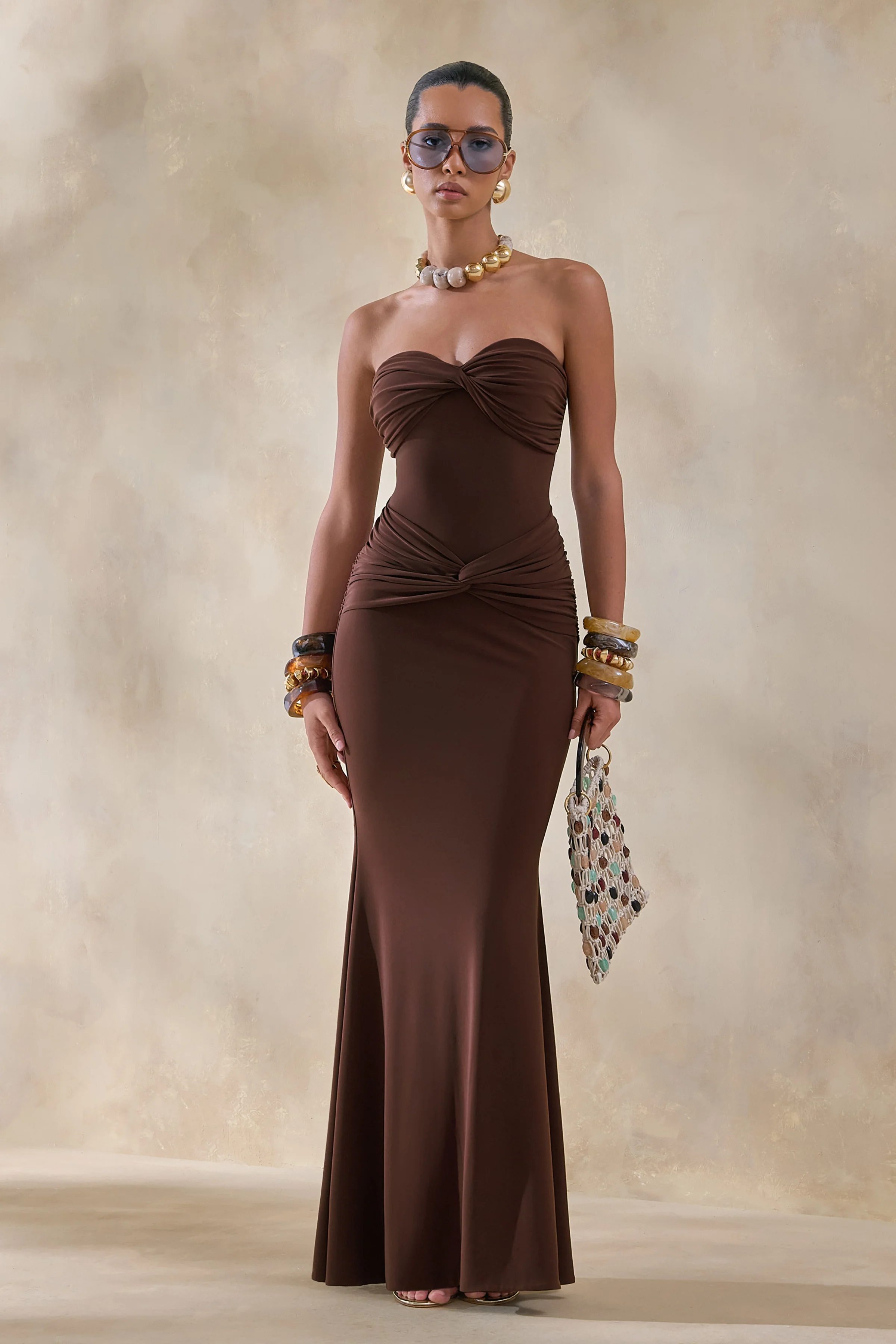 Elodia | Brown Bandeau Maxi Dress With Gathered-Detailing - Image 6