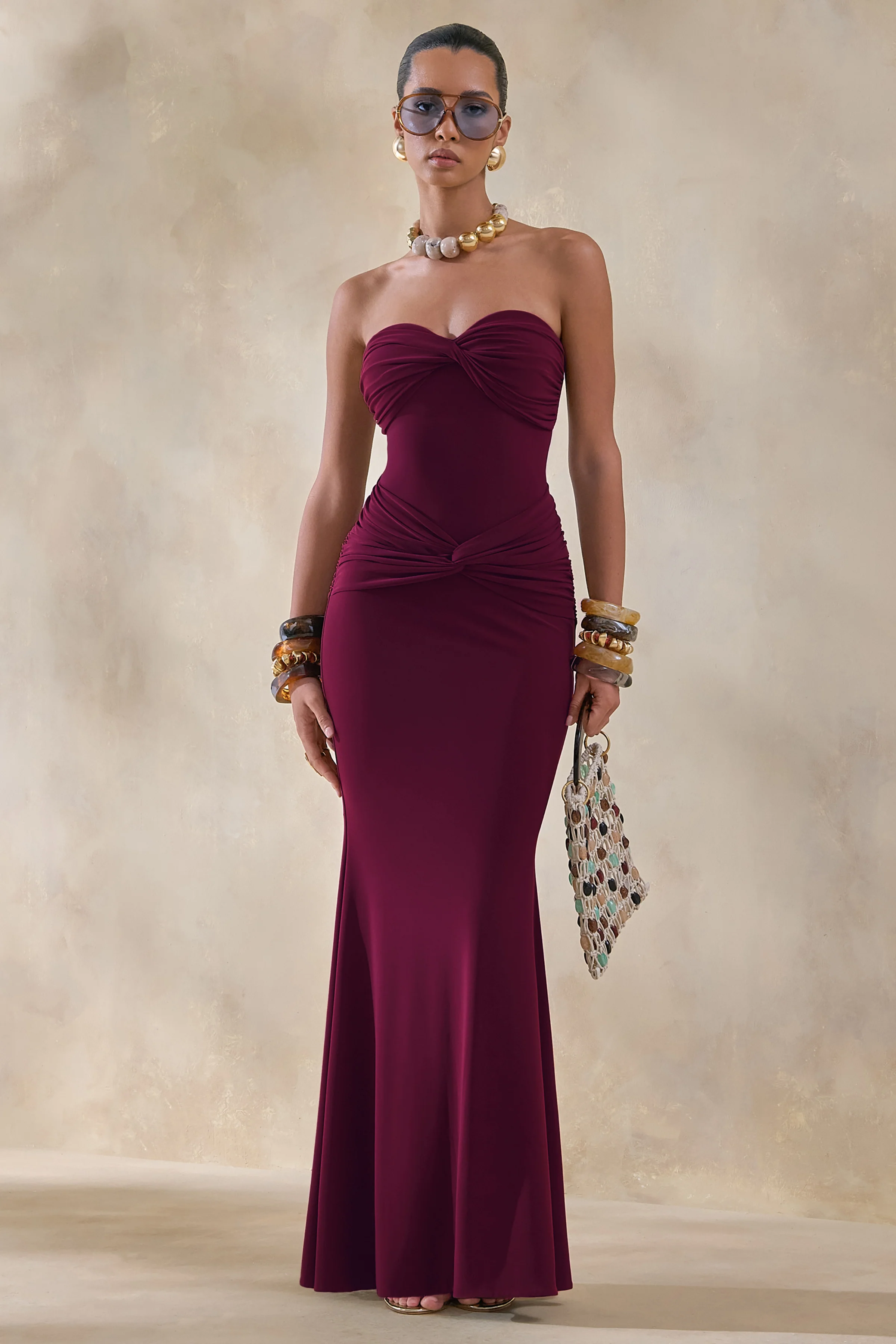 Elodia | Burgundy Bandeau Maxi Dress With Gathered-Detailing - Image 5