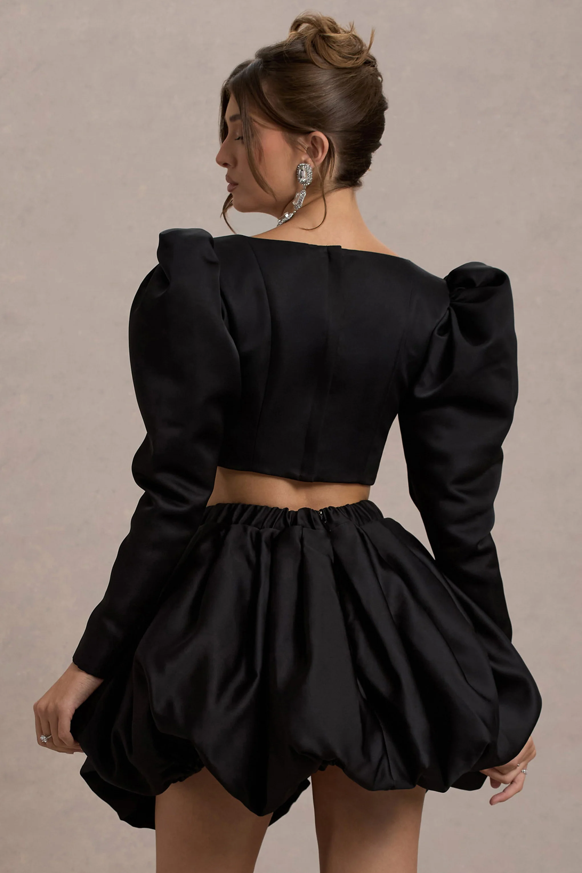 Eloisa | Black Satin Puff-Sleeve Cropped Jacket - Image 2