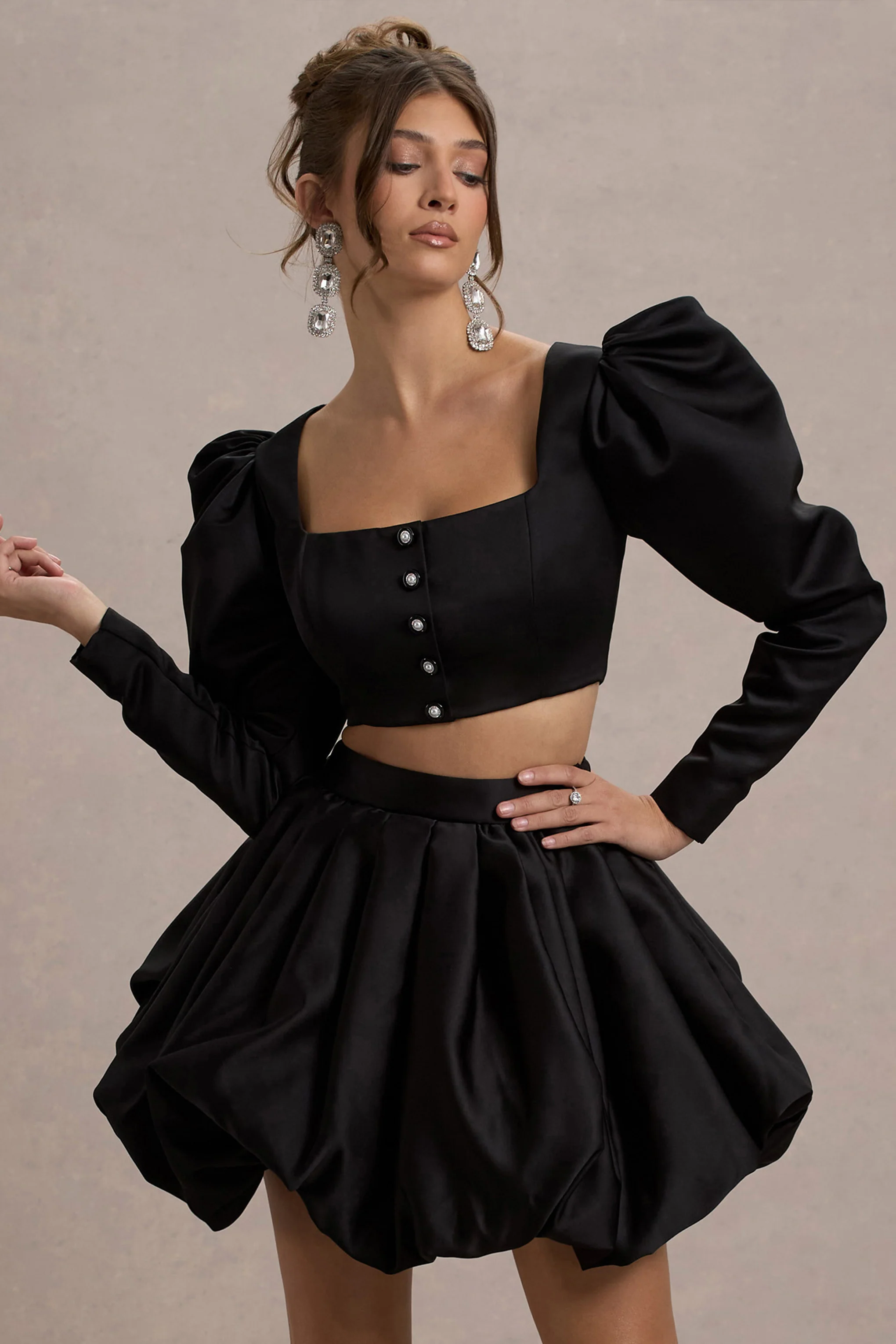 Eloisa | Black Satin Puff-Sleeve Cropped Jacket - Image 6