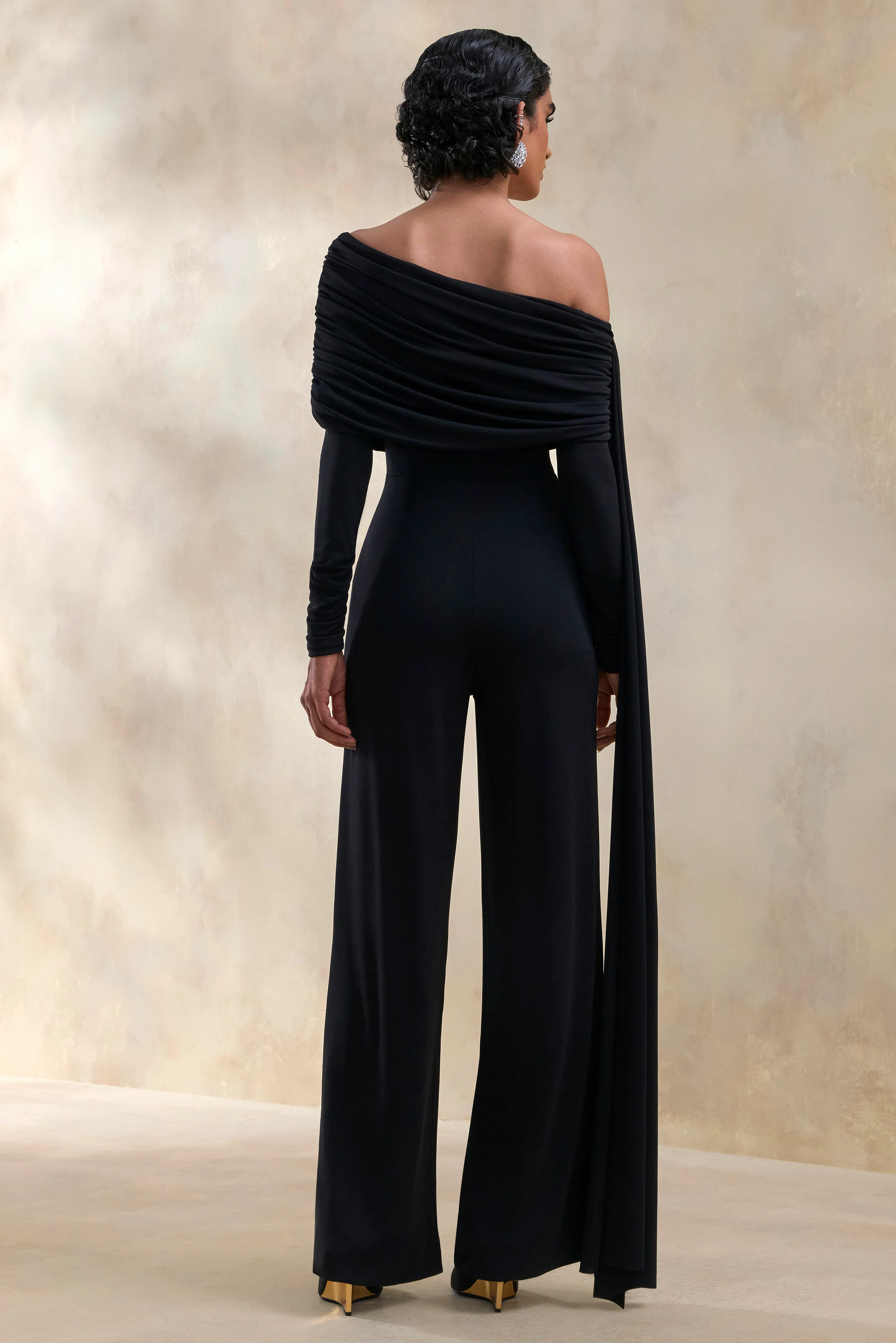 Elova | Black Bardot-Neck Jumpsuit With Sash - Image 2