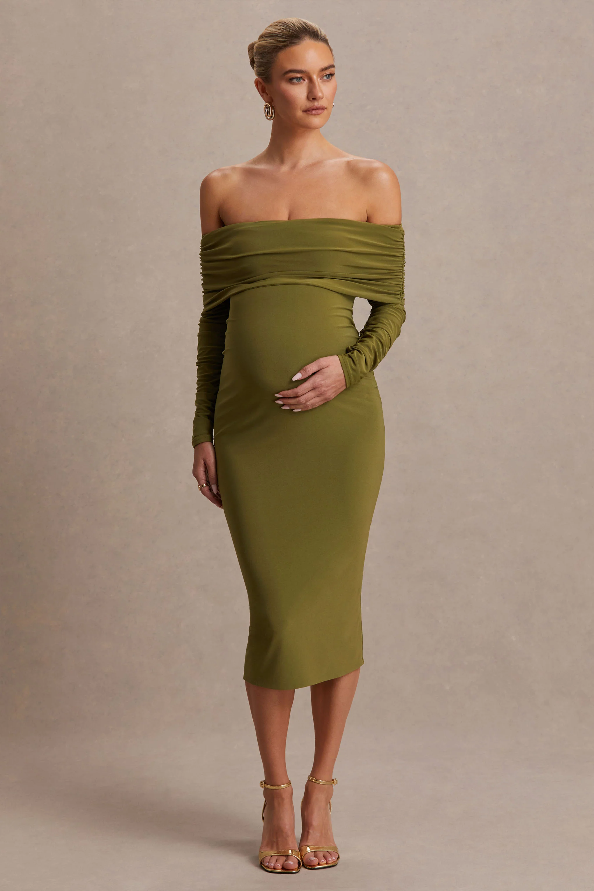 Elspeth | Olive Bardot-Neck Maternity Midi Dress - Image 4